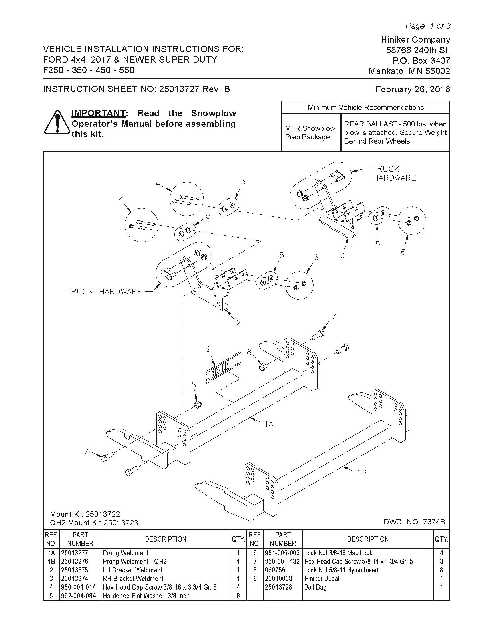 Hiniker Snowplow Mount - Quick Hitch 2 (QH2), 2017 & Newer Ford 4x4 F250-550 SD, 25013723