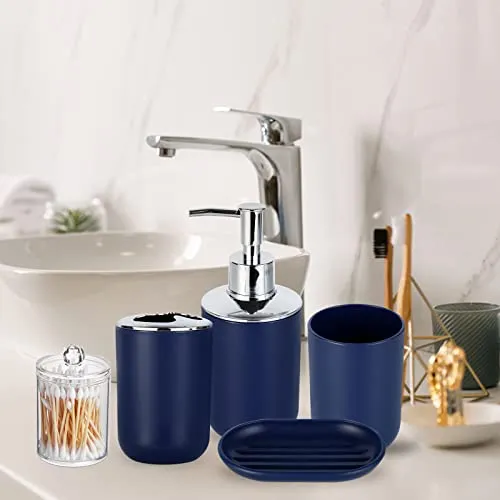 HOMEACC Navy Blue Bathroom Accessories Set of 8,with Toothbrush Holder,Toothbrush Cup,Soap Dispenser,Soap Dish,Toilet Brush Holder,Trash Can,Cotton Swab Box,Plastic Bathroom Set for Home and Bathroom