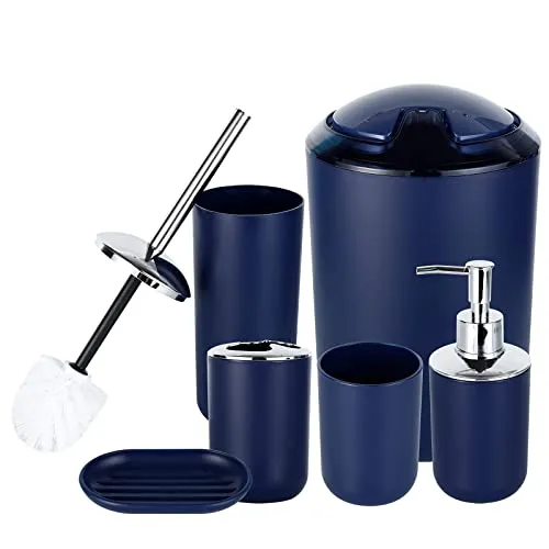 HOMEACC Navy Blue Bathroom Accessories Set of 8,with Toothbrush Holder,Toothbrush Cup,Soap Dispenser,Soap Dish,Toilet Brush Holder,Trash Can,Cotton Swab Box,Plastic Bathroom Set for Home and Bathroom