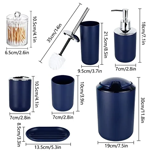 HOMEACC Navy Blue Bathroom Accessories Set of 8,with Toothbrush Holder,Toothbrush Cup,Soap Dispenser,Soap Dish,Toilet Brush Holder,Trash Can,Cotton Swab Box,Plastic Bathroom Set for Home and Bathroom