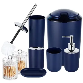 HOMEACC Navy Blue Bathroom Accessories Set of 8,with Toothbrush Holder,Toothbrush Cup,Soap Dispenser,Soap Dish,Toilet Brush Holder,Trash Can,Cotton Swab Box,Plastic Bathroom Set for Home and Bathroom