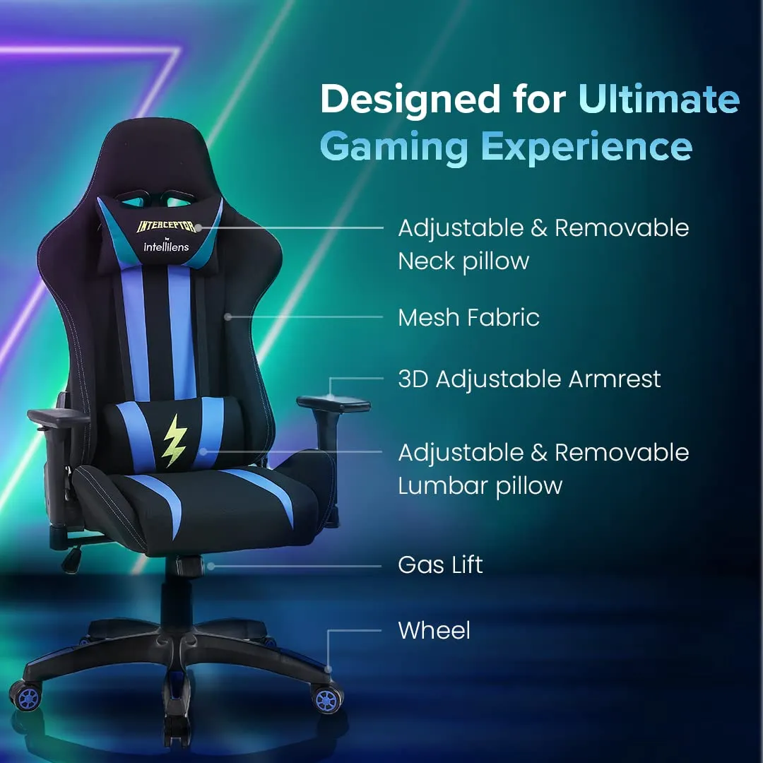 INTERCEPTOR Ergonomic Gaming Chair & Gaming Mat Combo | Premium Fabric, Adjustable Neck & Lumbar Pillow, 3D Adjustable Armrests