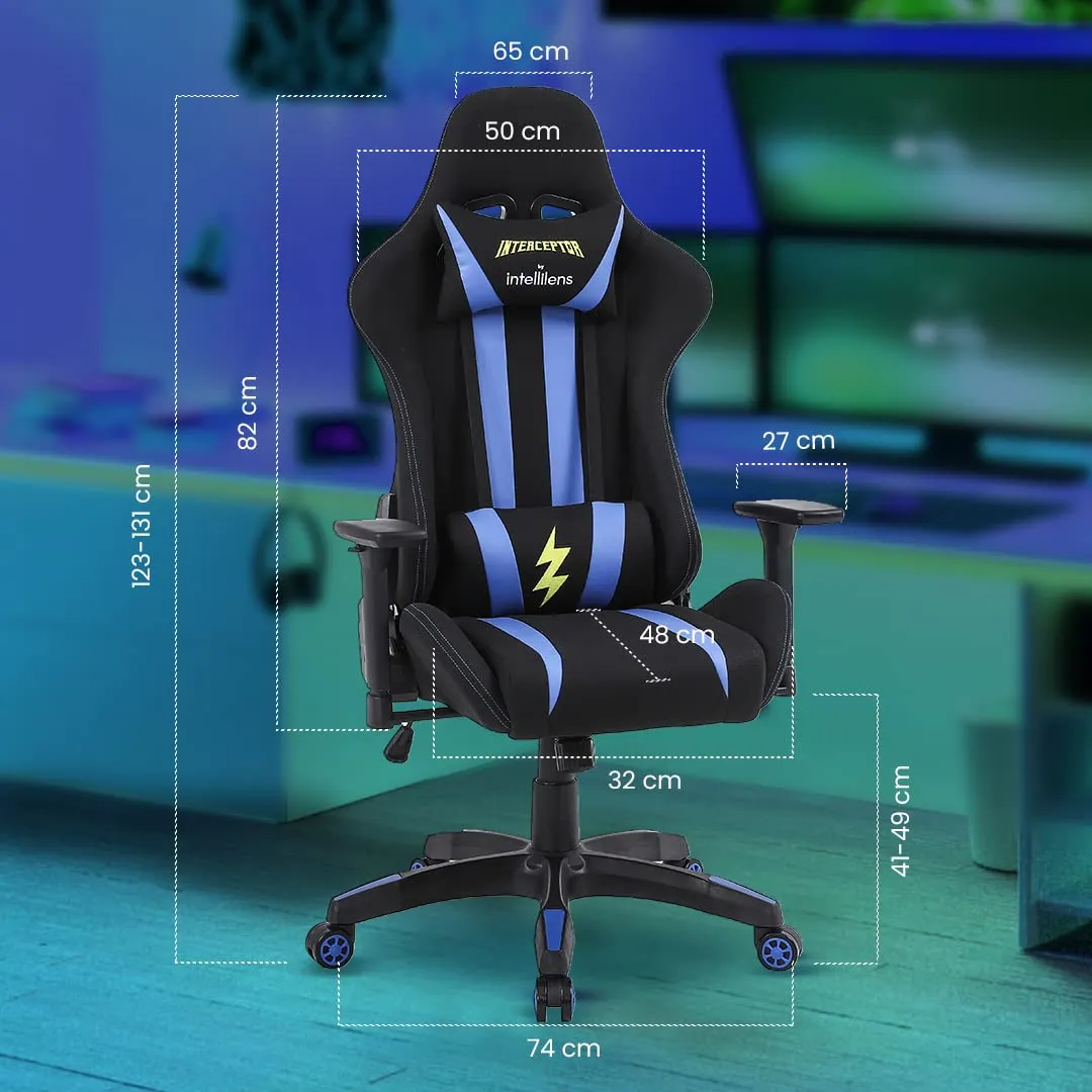 INTERCEPTOR Ergonomic Gaming Chair & Gaming Mat Combo | Premium Fabric, Adjustable Neck & Lumbar Pillow, 3D Adjustable Armrests