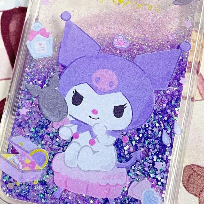 Japanese Cartoon Kuromi Make Up - Purple Glitter QuickSand iPhone Case 6 7 8 PLUS SE2 XS XR X 11 12 13 14 15 Pro Promax 12mini 13mini