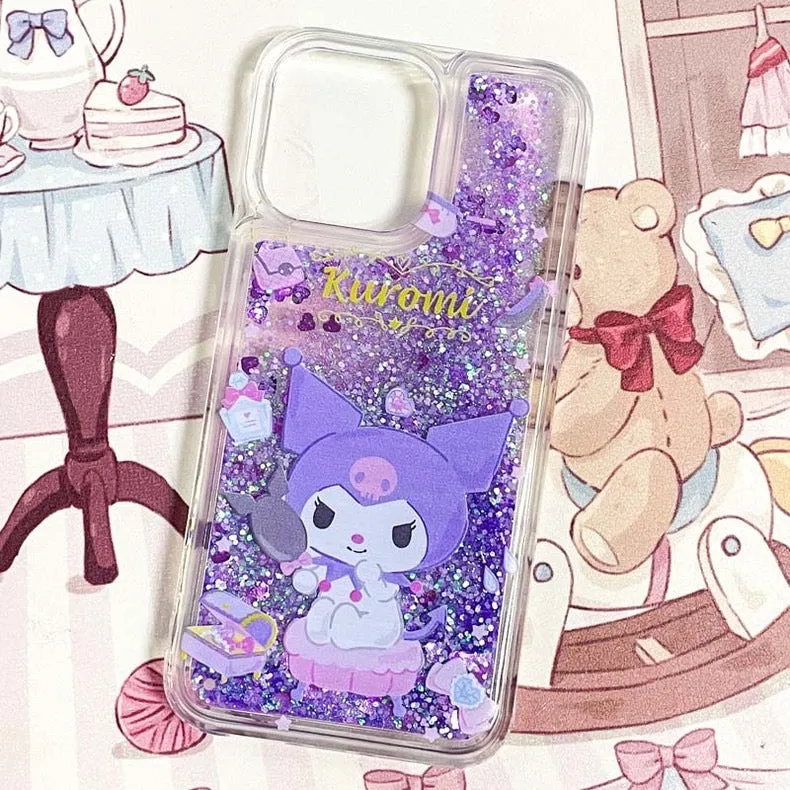 Japanese Cartoon Kuromi Make Up - Purple Glitter QuickSand iPhone Case 6 7 8 PLUS SE2 XS XR X 11 12 13 14 15 Pro Promax 12mini 13mini