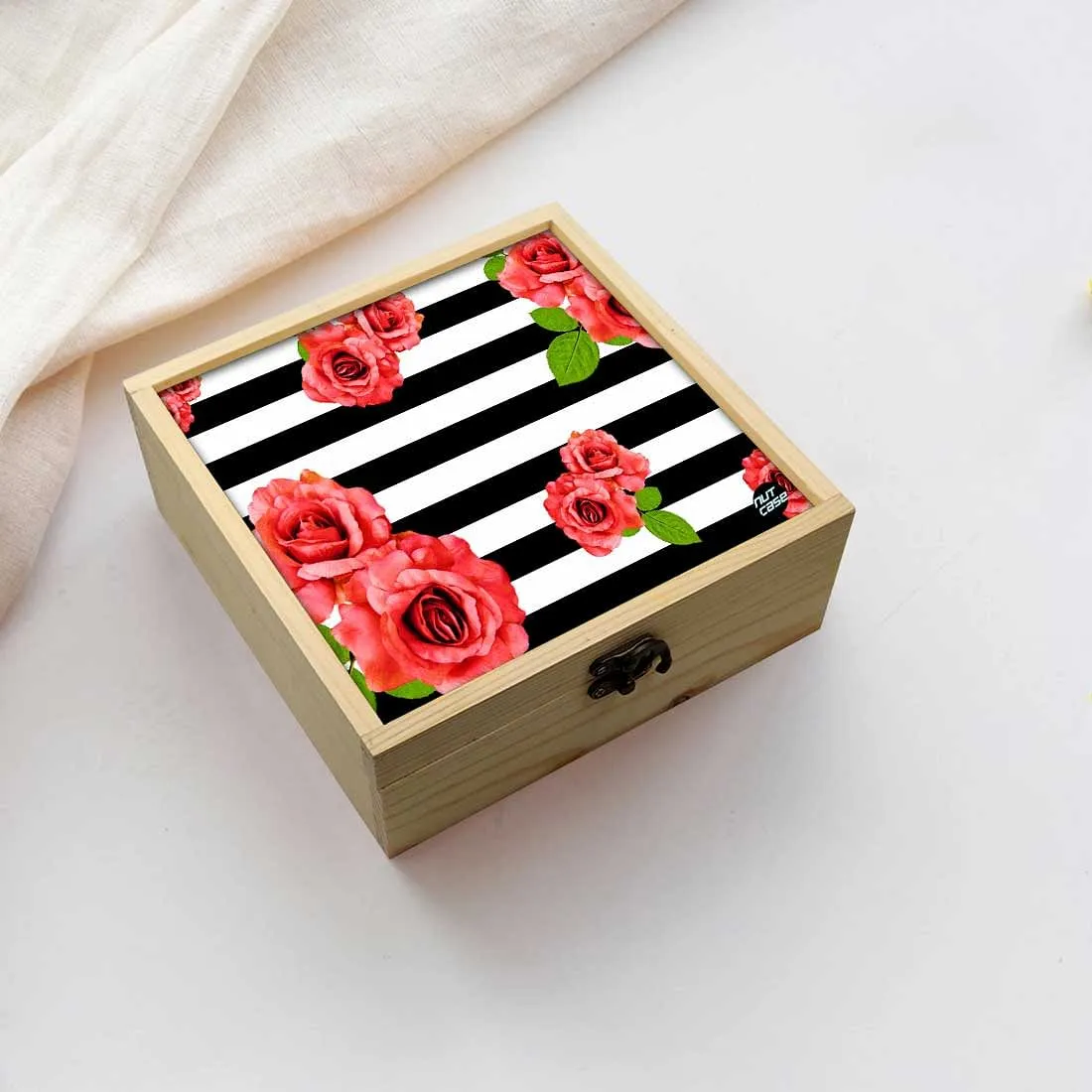 Jewellery Box Makepup Organizer -  Red Flower Black Strips