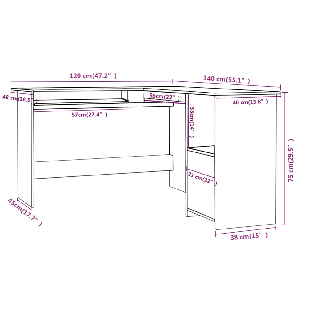 L-Shaped Corner Desk Black 120x140x75 cm Engineered Wood