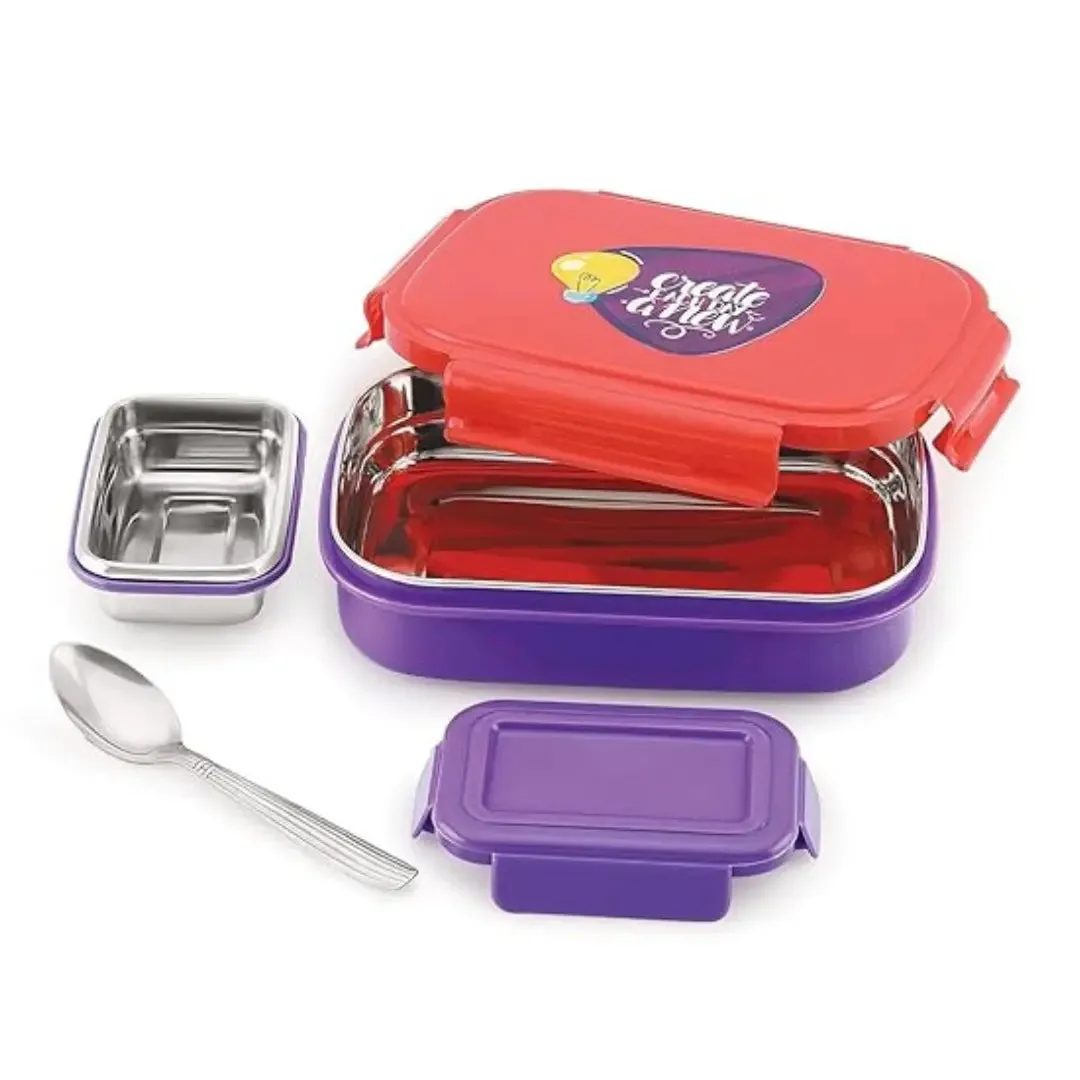 Liza Topper Red Inner Stainless Steel Leak Proof Lunch Box For School Kids | Insulated Tiffin Box For Office(650ML)