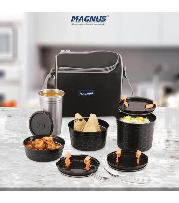 Magnus Microwave NEO 4 Lunch Box With Steel Cutlery - Lunch Box for Kids, Lunch Boxes for Office Men, 3 Microwave Safe Inner Steel Containers 150/300/450 ml, Steel Bottle, Spoon and Fork, Black