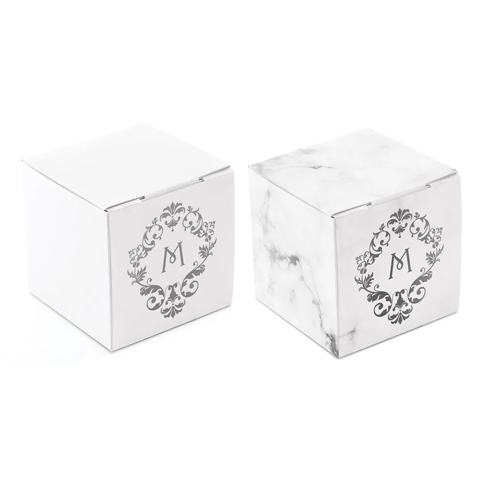 MINI CUSTOM FOIL PRINTED SQUARE PAPER FAVOR BOXES - CLASSIC FILIGREE MONOGRAM