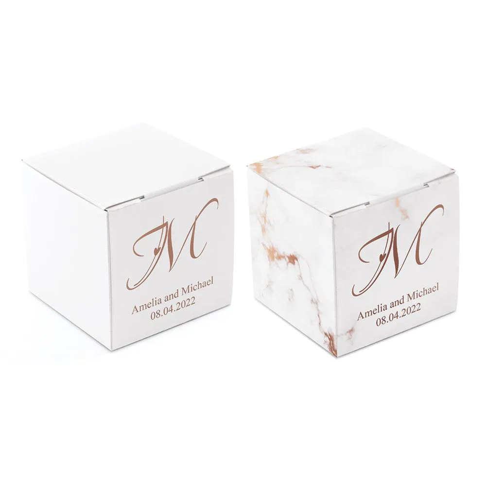 MINI CUSTOM FOIL PRINTED SQUARE PAPER FAVOR BOXES - CLASSIC FILIGREE MONOGRAM