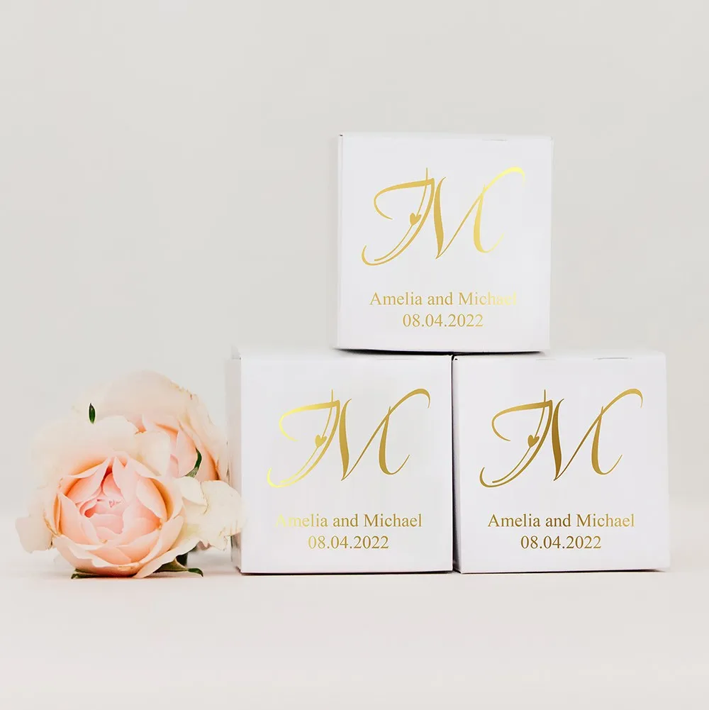 MINI CUSTOM FOIL PRINTED SQUARE PAPER FAVOR BOXES - CLASSIC FILIGREE MONOGRAM