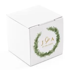 MINI CUSTOM PRINTED SQUARE PAPER FAVOR BOXES - LOVE WREATH INITIAL