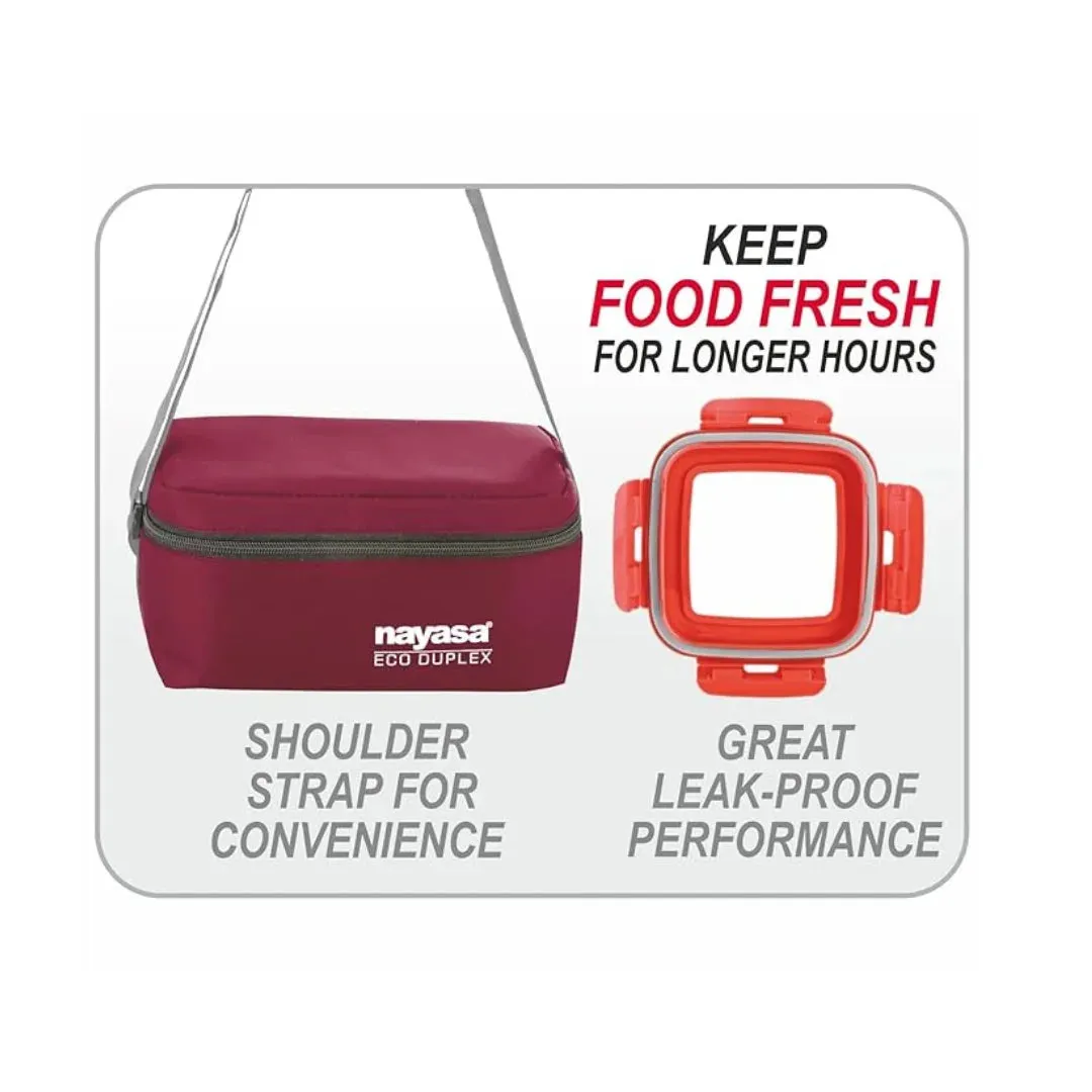 Nayasa Stainless Steel Eco Duplex 3 Containers Lunch Box For Office With Fabric Bag, Red