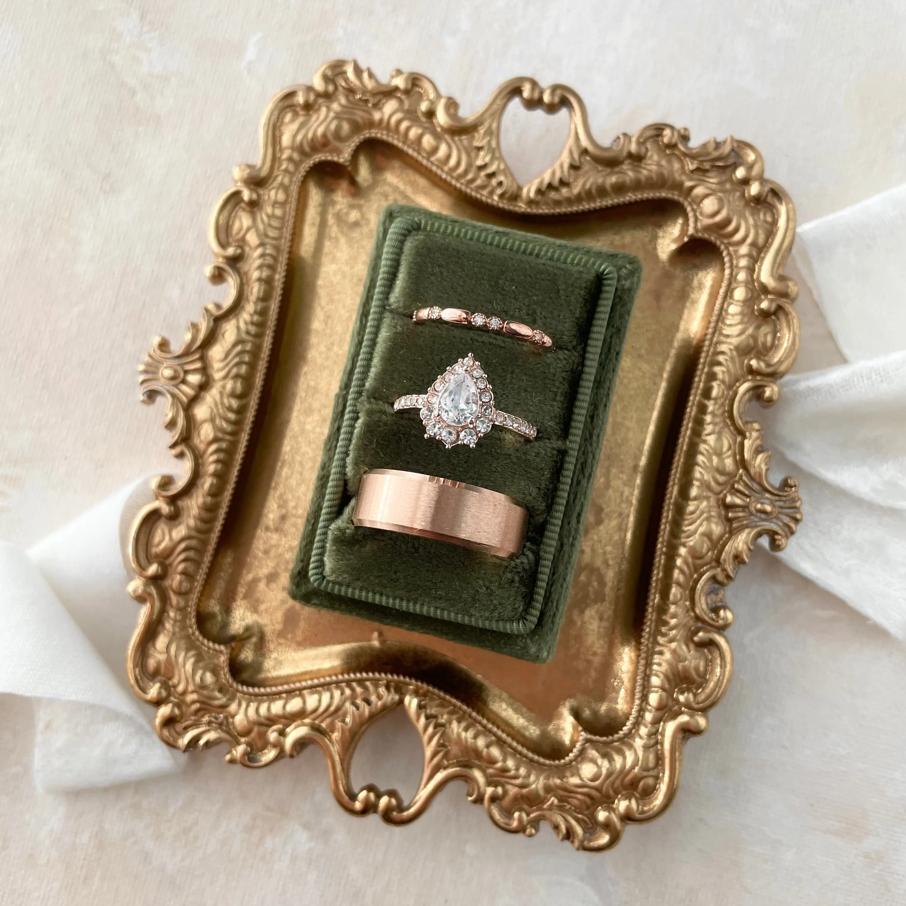 Olive Green 3 Slot Ring Box