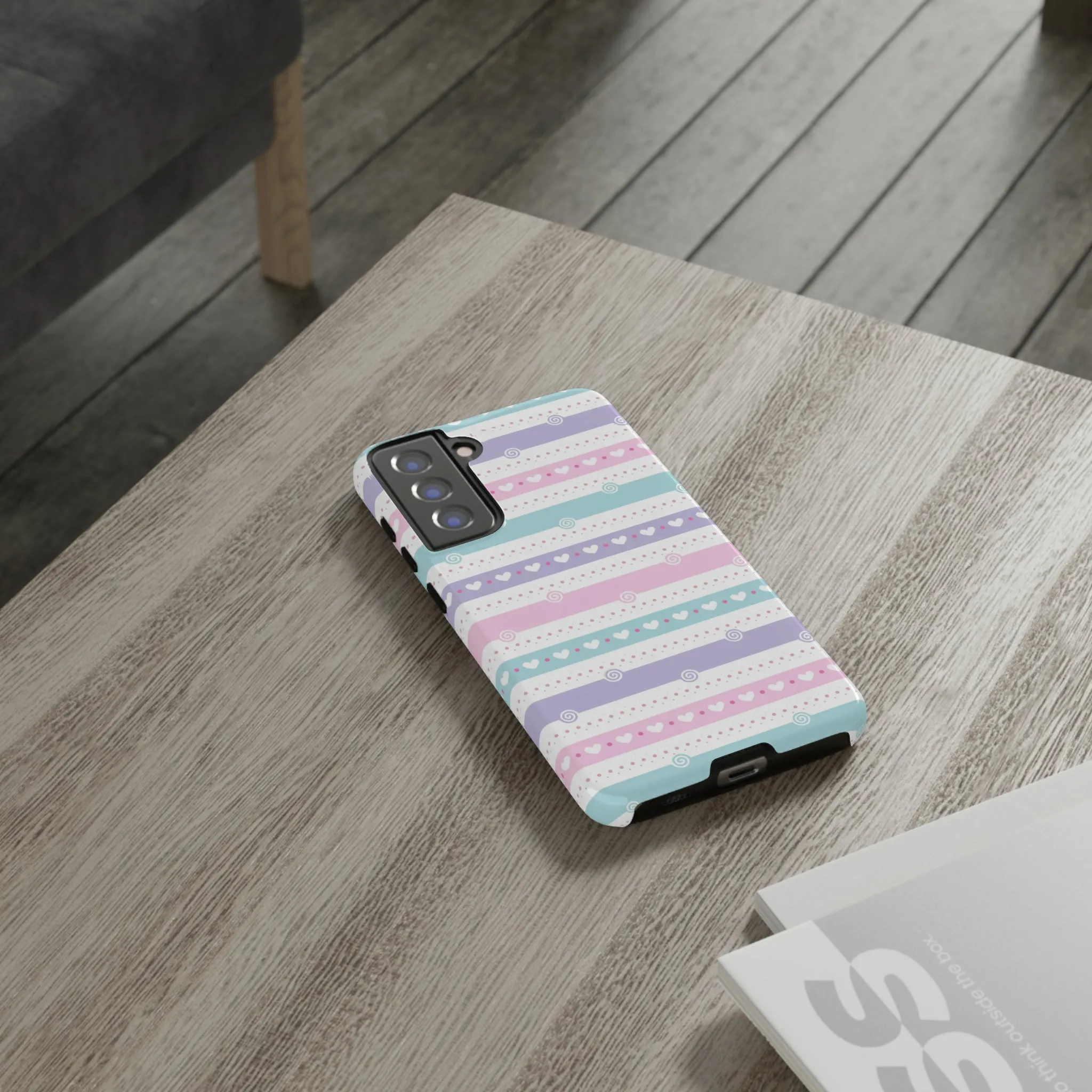 Pastel Stripes and Hearts print design Tough Phone Case compatible with a large variety of Samsung models