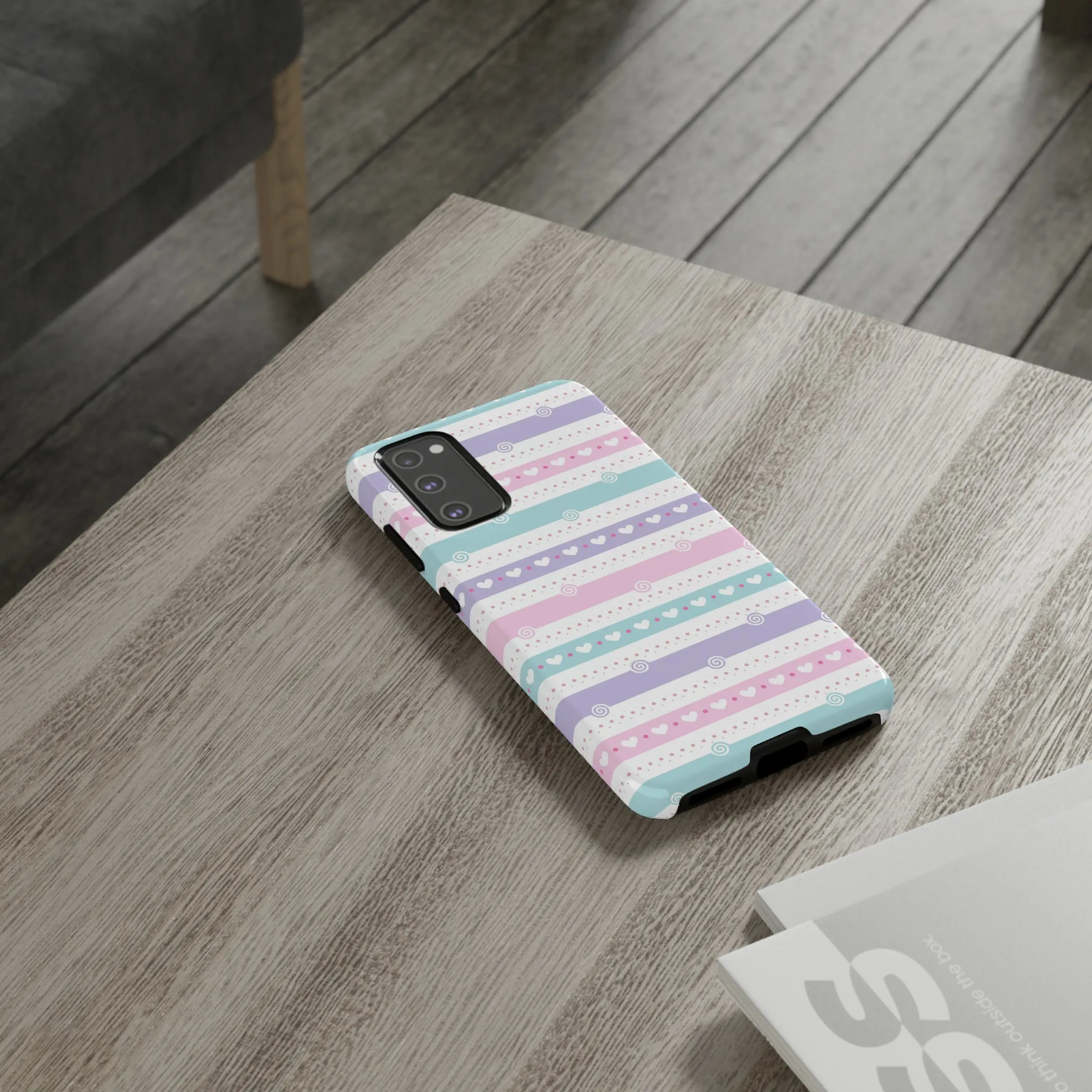 Pastel Stripes and Hearts print design Tough Phone Case compatible with a large variety of Samsung models