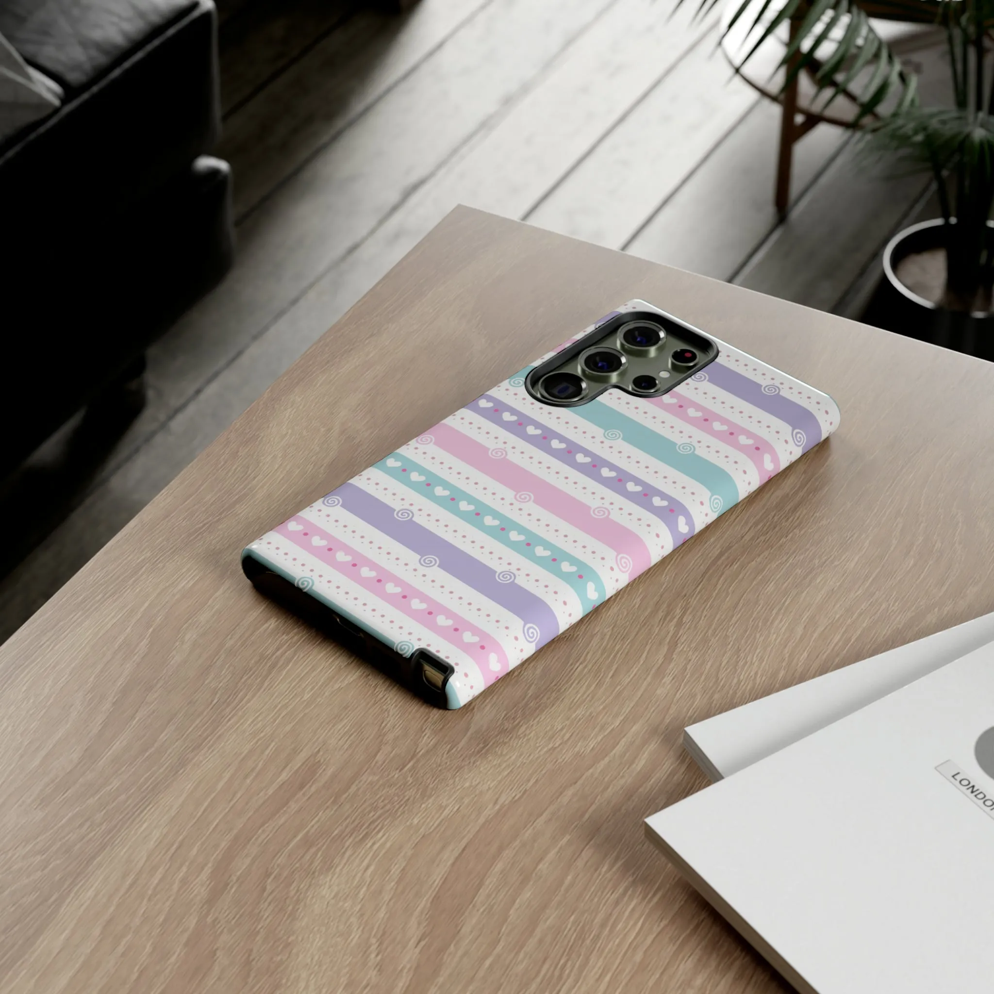 Pastel Stripes and Hearts print design Tough Phone Case compatible with a large variety of Samsung models