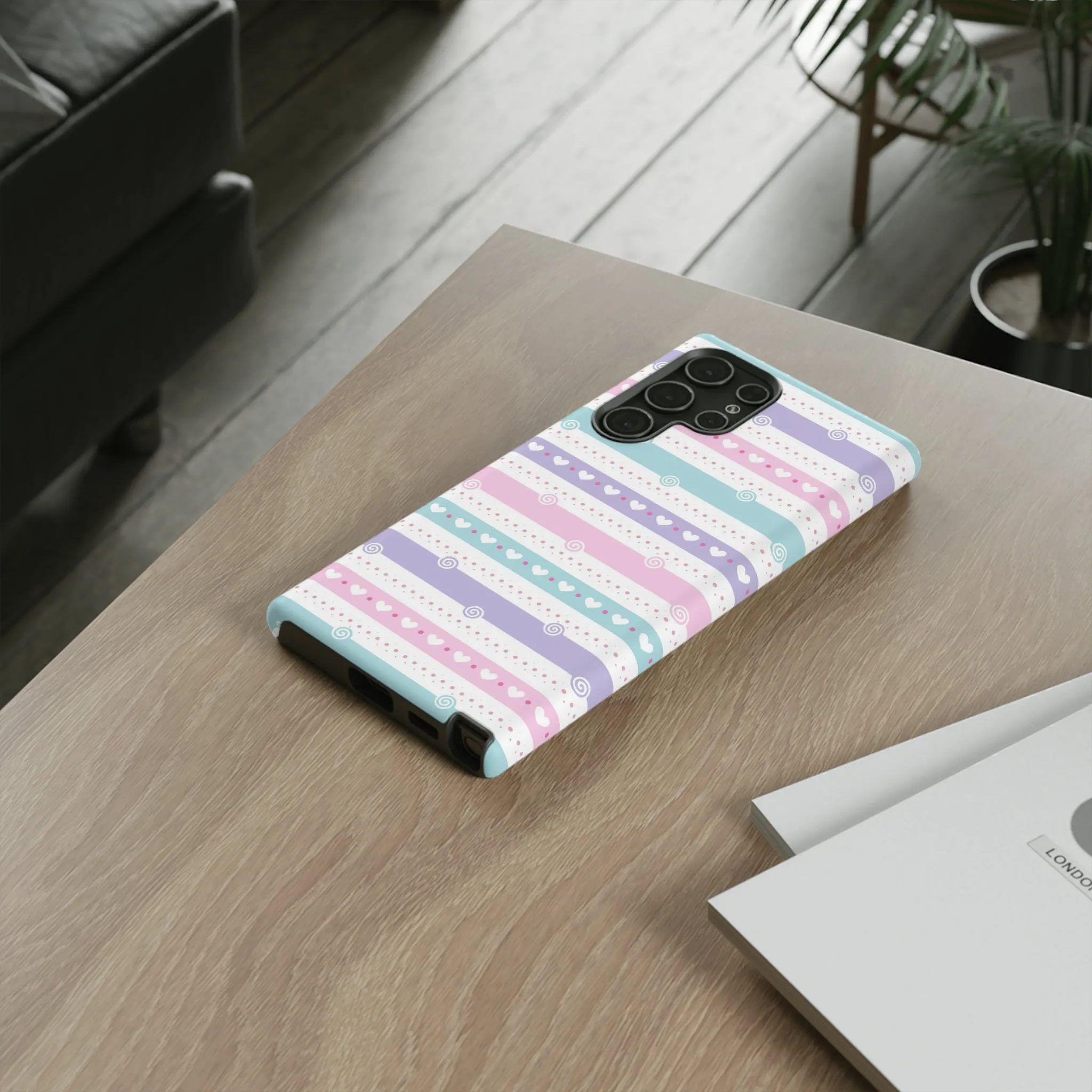 Pastel Stripes and Hearts print design Tough Phone Case compatible with a large variety of Samsung models