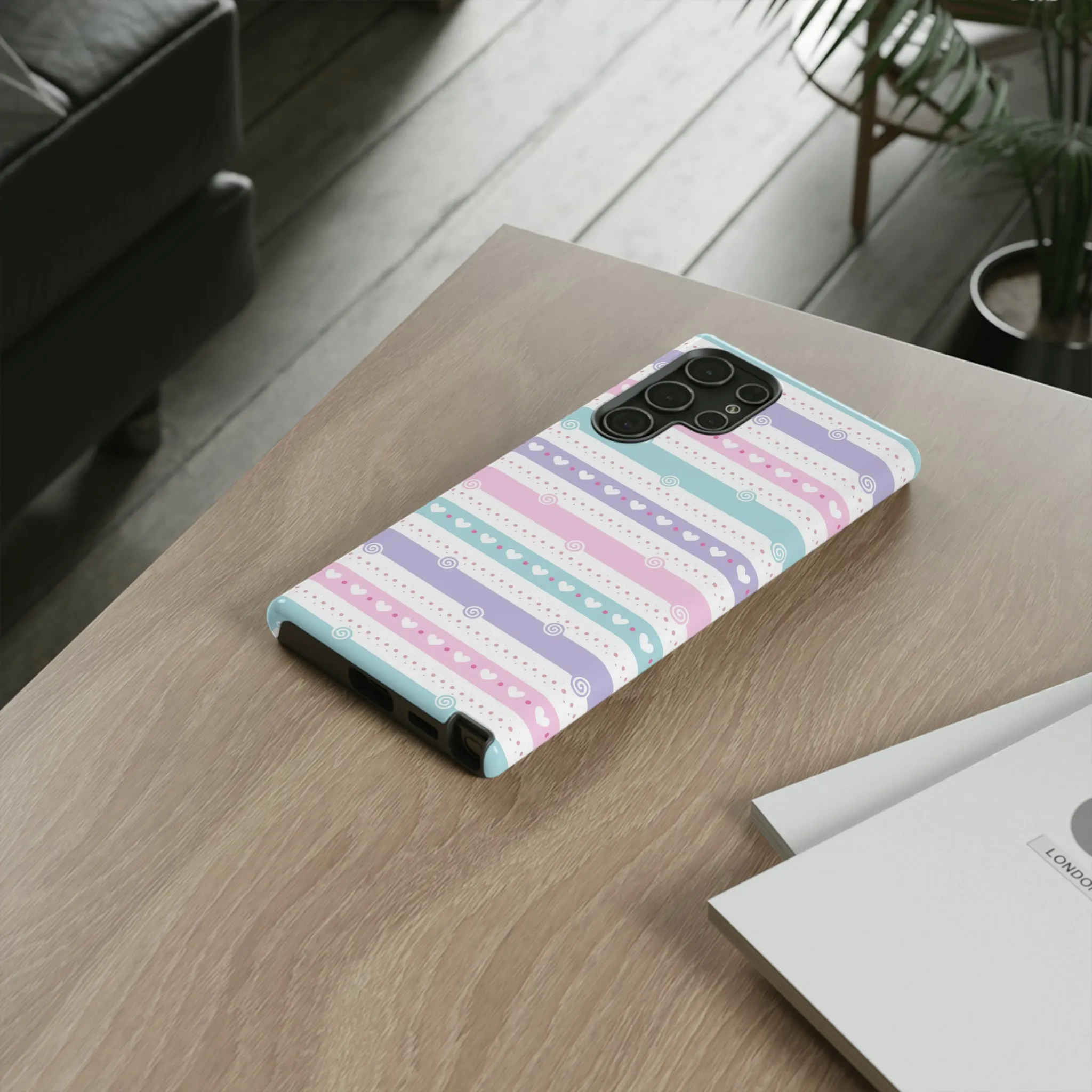 Pastel Stripes and Hearts print design Tough Phone Case compatible with a large variety of Samsung models