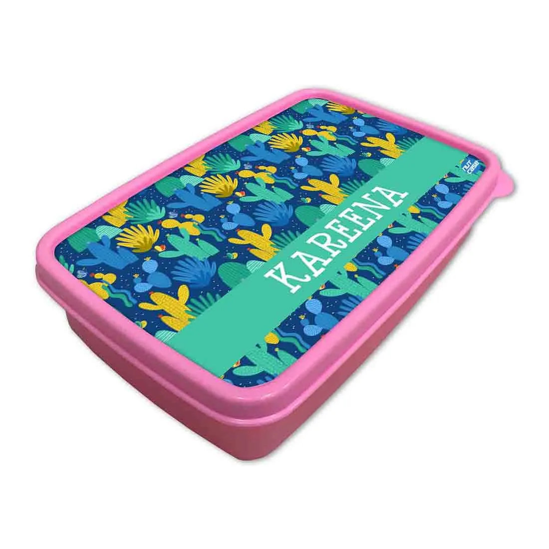 Personalized Snack Box for Kids Plastic Lunch Box for Girls -Blue Green Cactus Plant