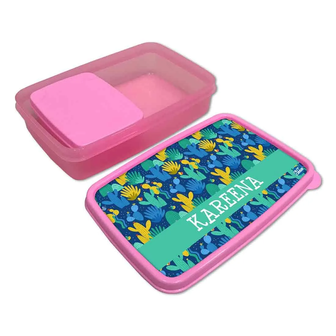 Personalized Snack Box for Kids Plastic Lunch Box for Girls -Blue Green Cactus Plant