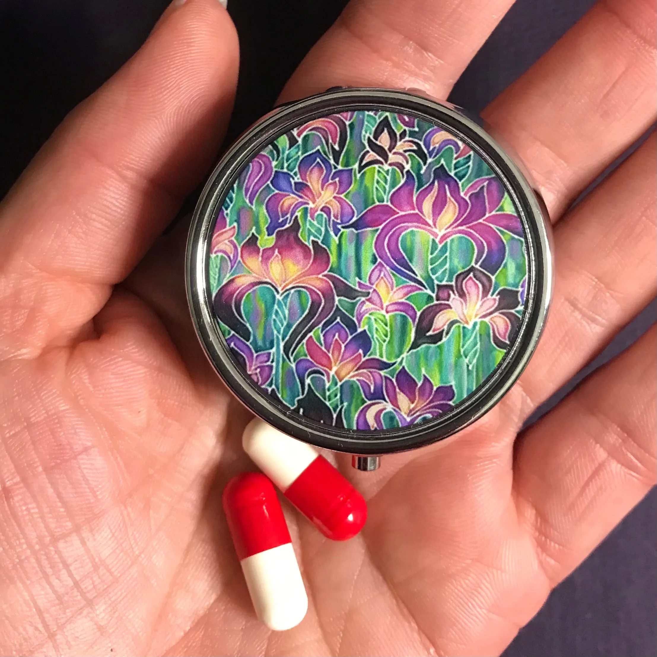 Pretty Purple and Green Iris Field Pill Box - pretty Round Trinket Box - Stud Earing Jewellery Box