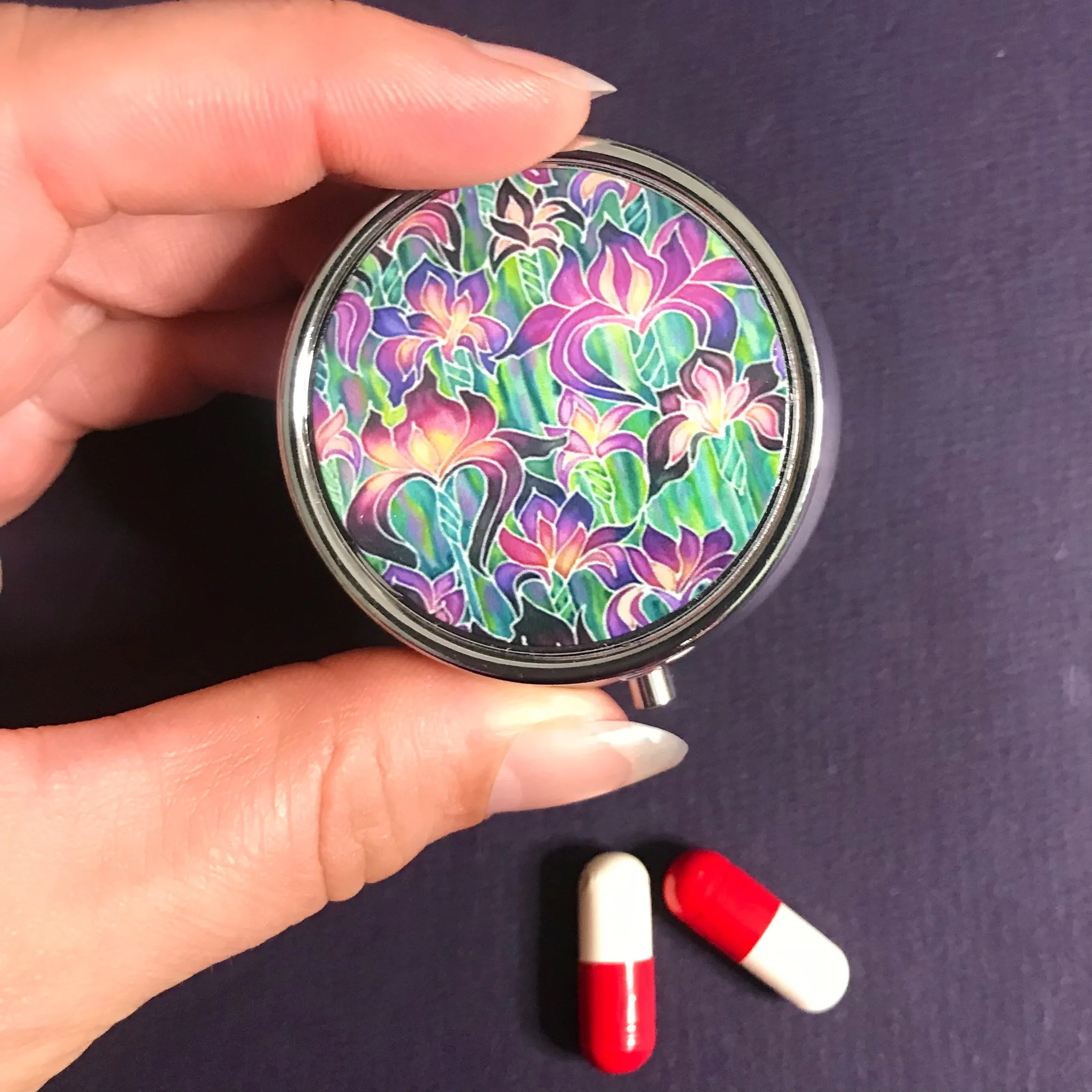 Pretty Purple and Green Iris Field Pill Box - pretty Round Trinket Box - Stud Earing Jewellery Box