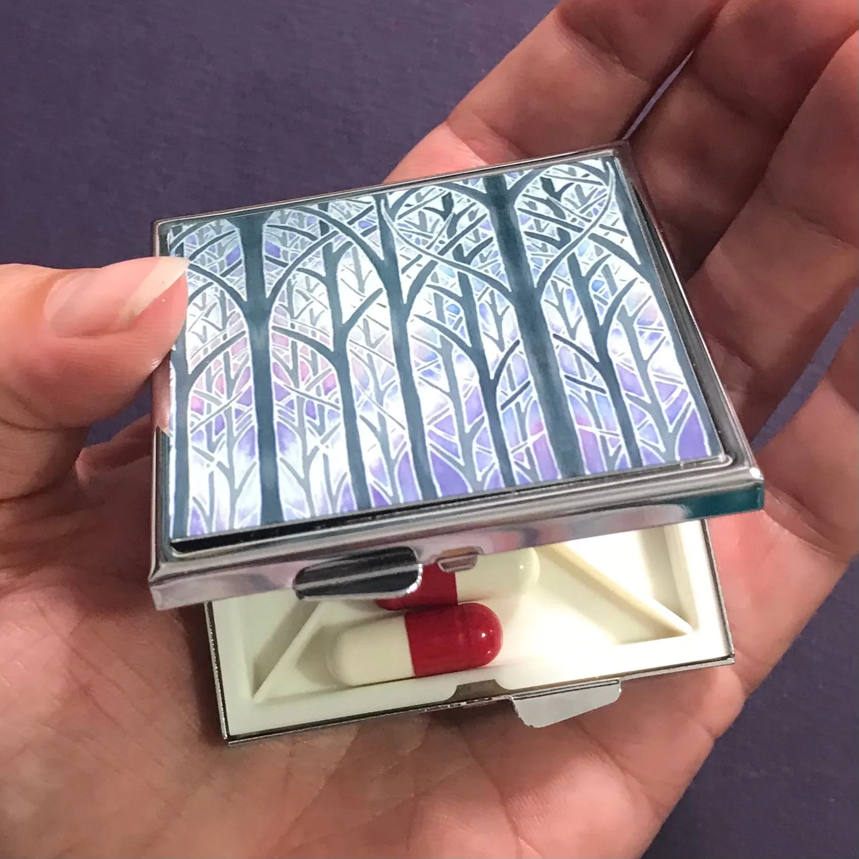 Purple and Lilac Grey Forest Trees Large Pill Box - Stud Earing Jewellery Box