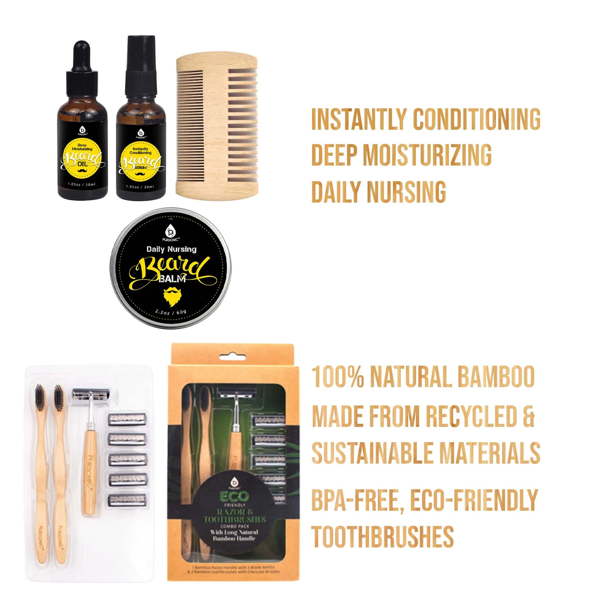 Pursonic Beard Care Grooming Kit & Eco Friendly Razor   Toothbrushes