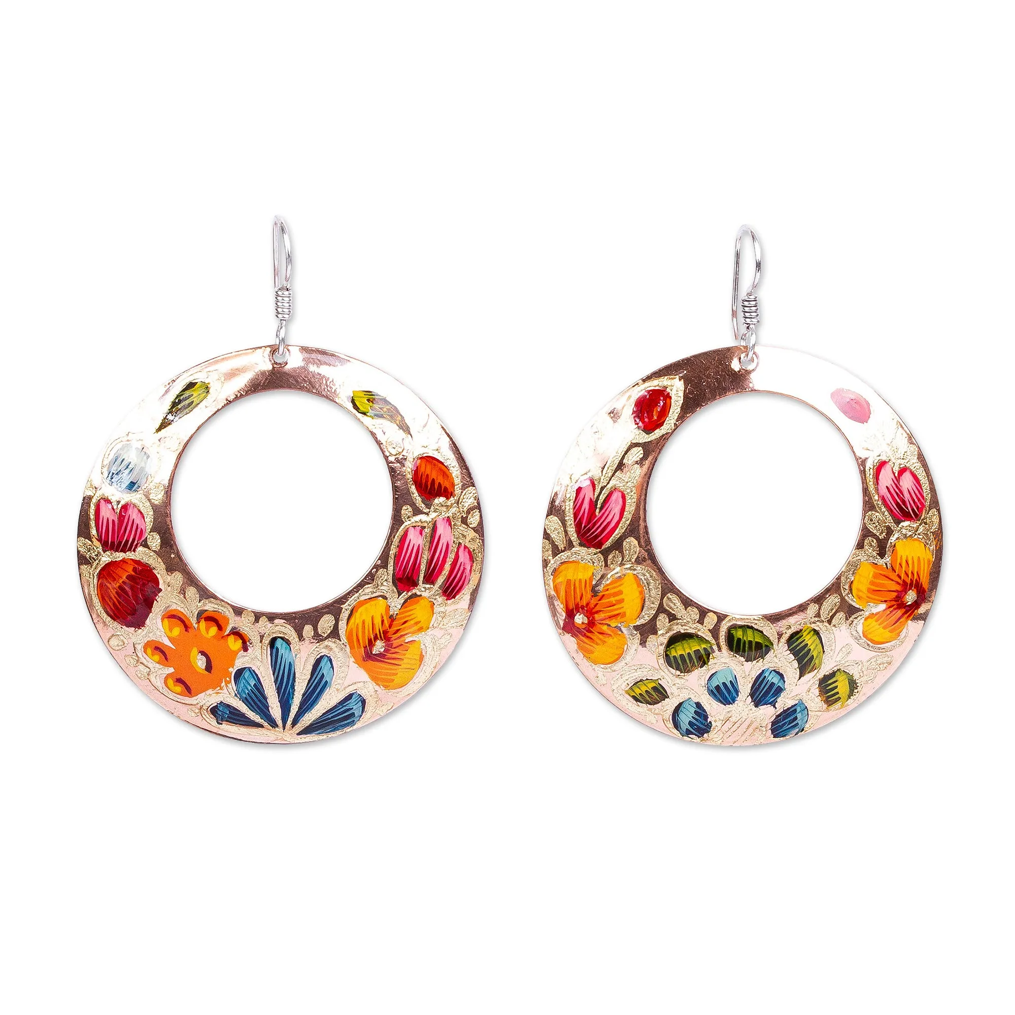 Reclaimed Copper Hand Painted Dangle Earrings from Mexico - Floral Wreath | NOVICA