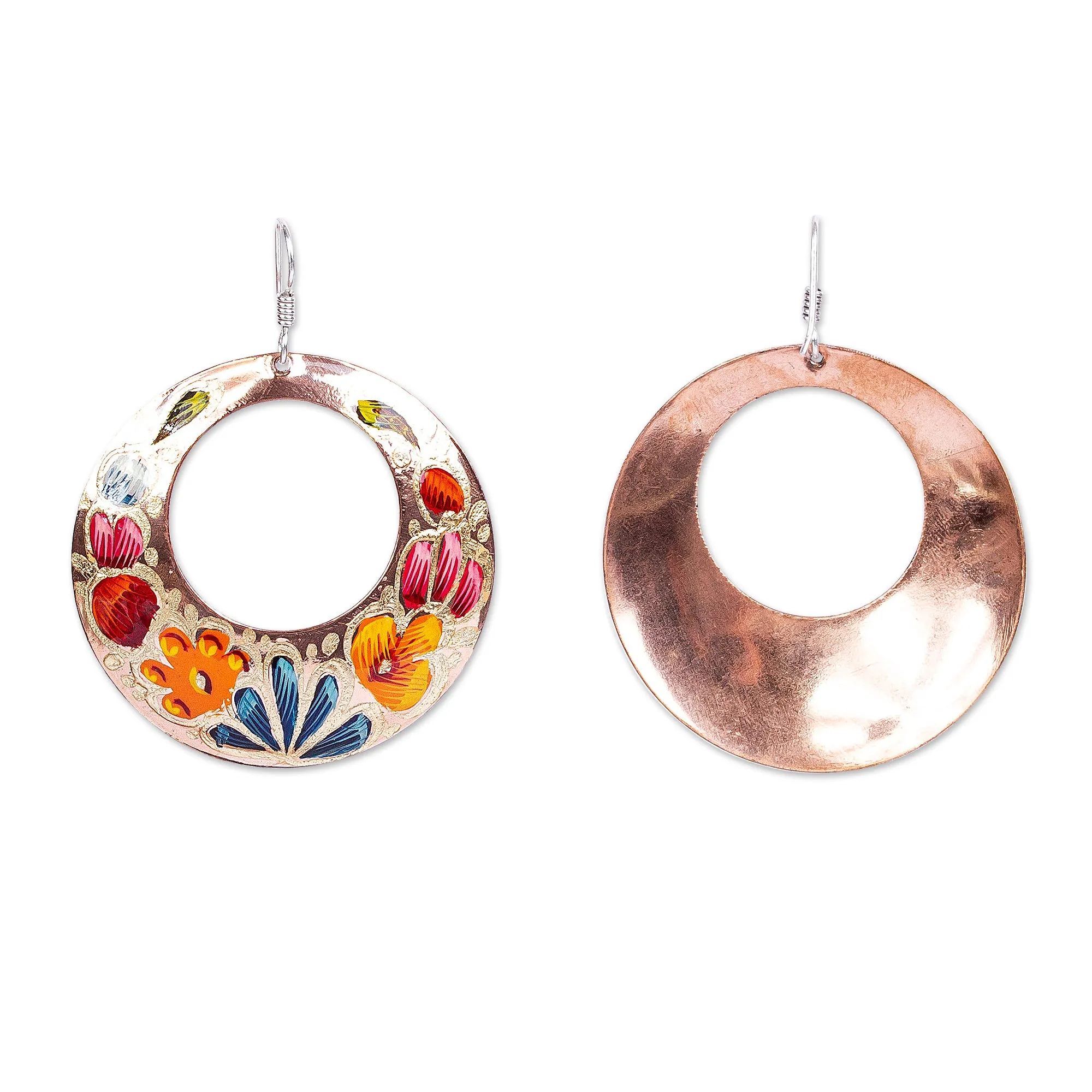 Reclaimed Copper Hand Painted Dangle Earrings from Mexico - Floral Wreath | NOVICA