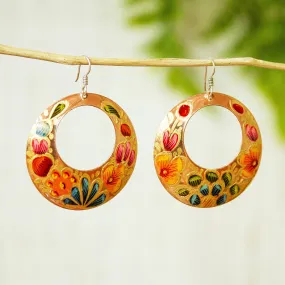 Reclaimed Copper Hand Painted Dangle Earrings from Mexico - Floral Wreath | NOVICA