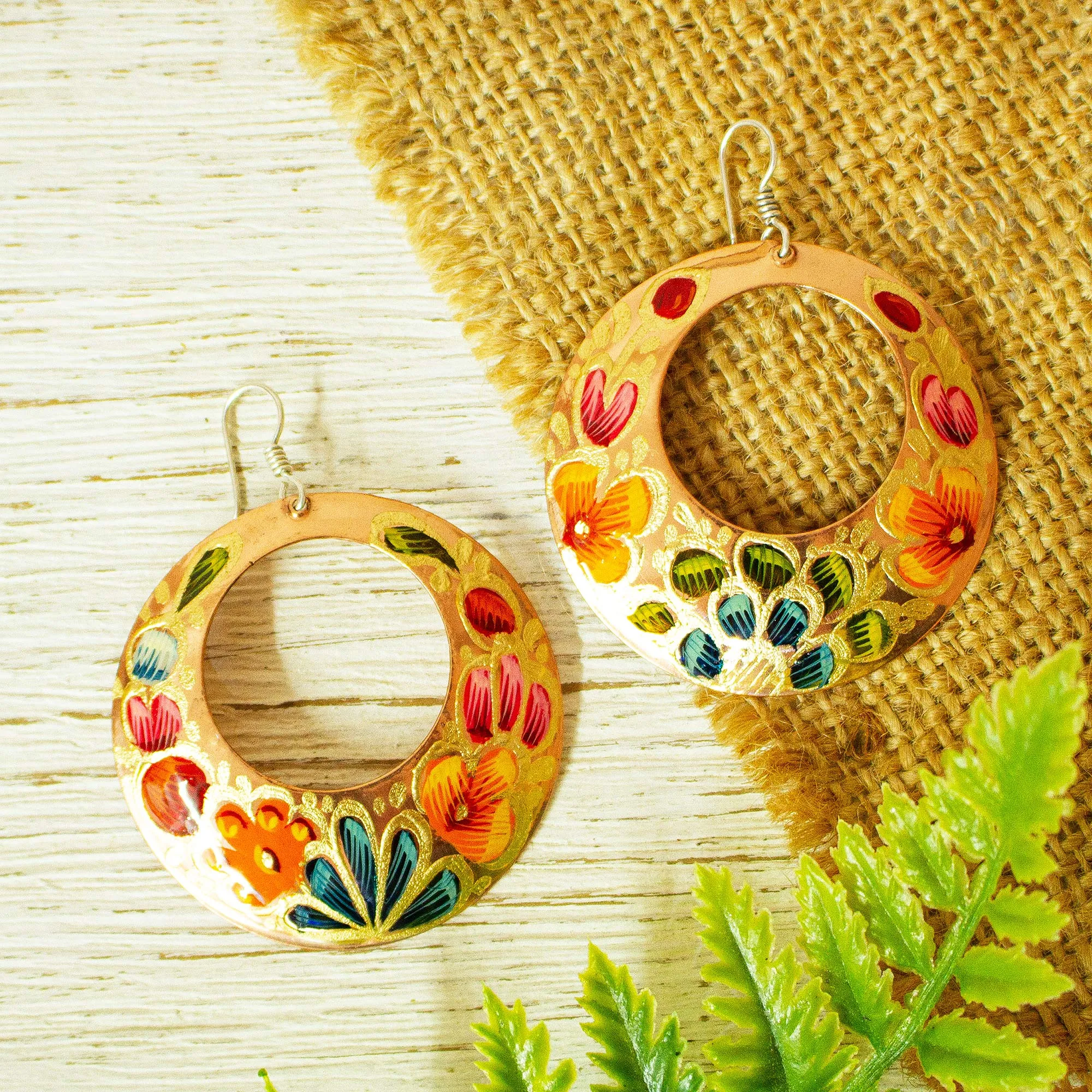 Reclaimed Copper Hand Painted Dangle Earrings from Mexico - Floral Wreath | NOVICA