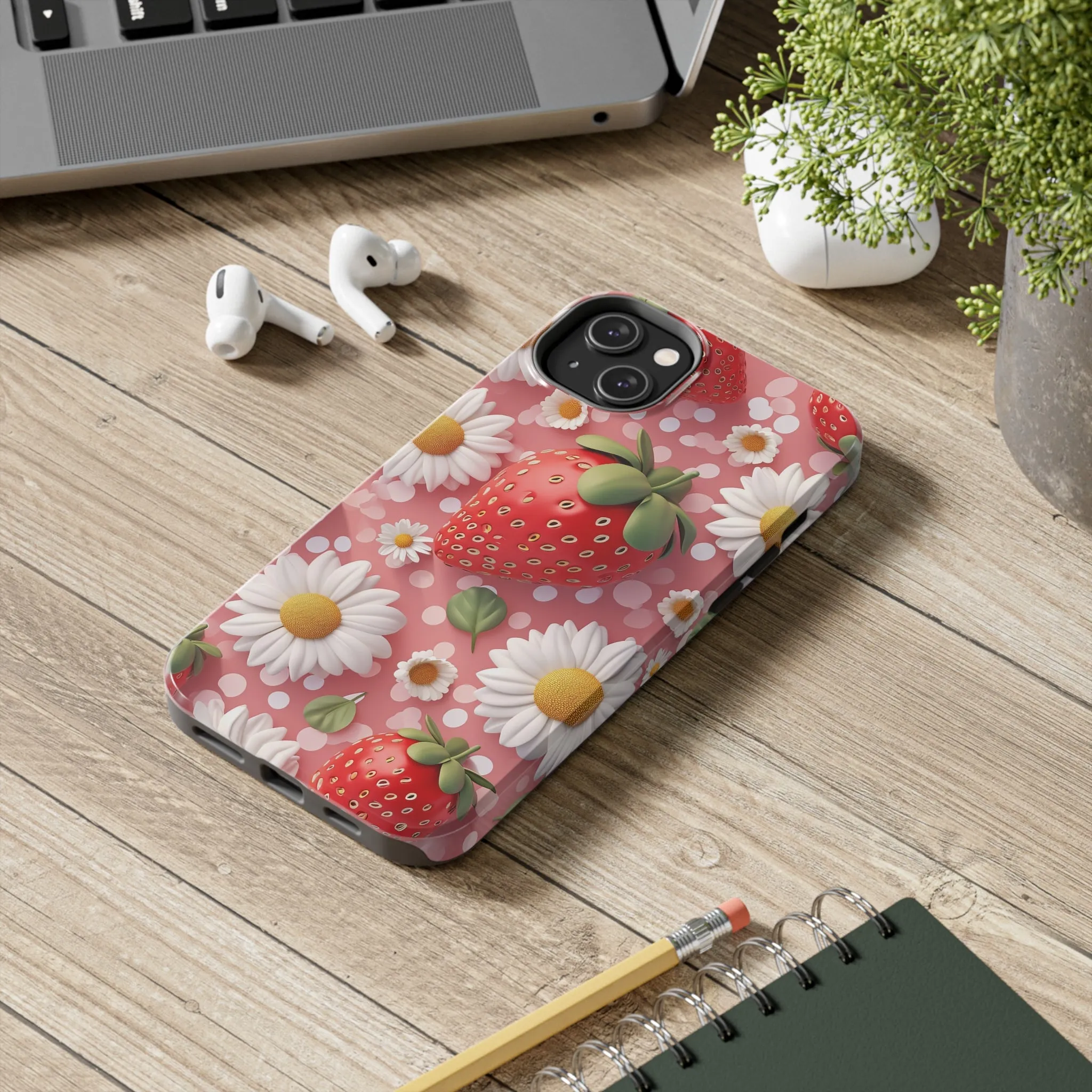 Strawberries & Daisies Digital print Design Tough Phone Case compatible with a large variety of iPhone models, Gift, Phone Case