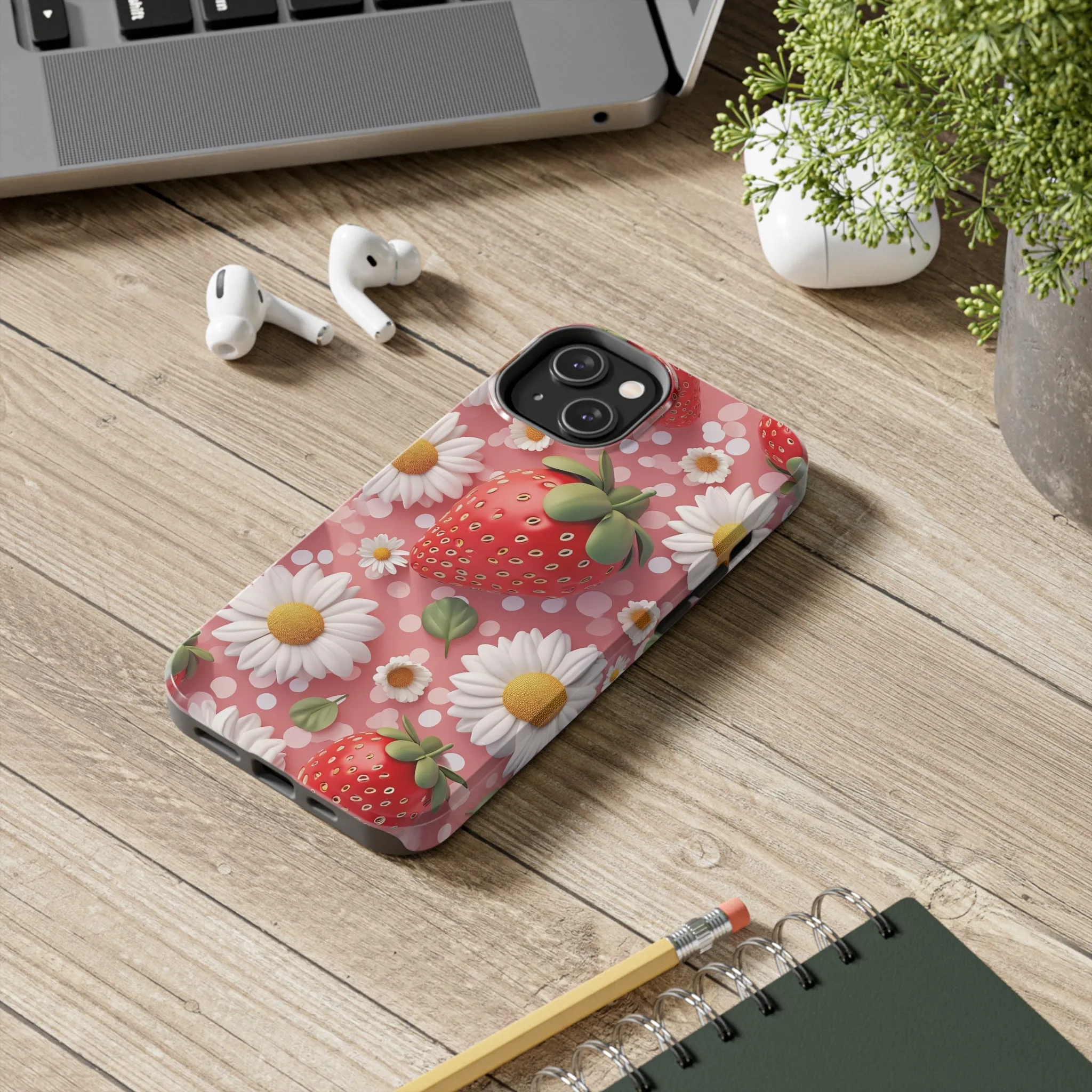 Strawberries & Daisies Digital print Design Tough Phone Case compatible with a large variety of iPhone models, Gift, Phone Case