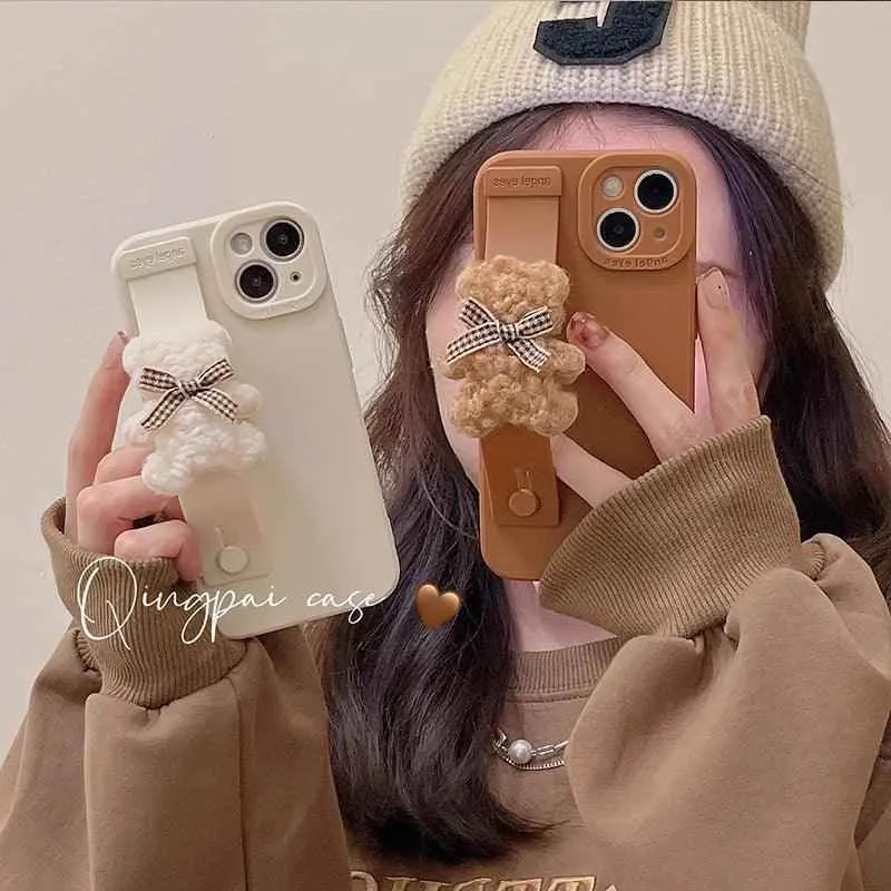 TSP11 Cute Phone Cases for iPhone 15, 14, 13, 12 Pro Max 11 MiNi  X XR XS 7 Plus SE - With 3D Cartoon Bear Wrist Strap