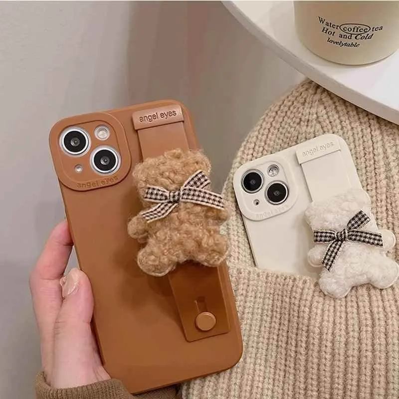 TSP11 Cute Phone Cases for iPhone 15, 14, 13, 12 Pro Max 11 MiNi  X XR XS 7 Plus SE - With 3D Cartoon Bear Wrist Strap