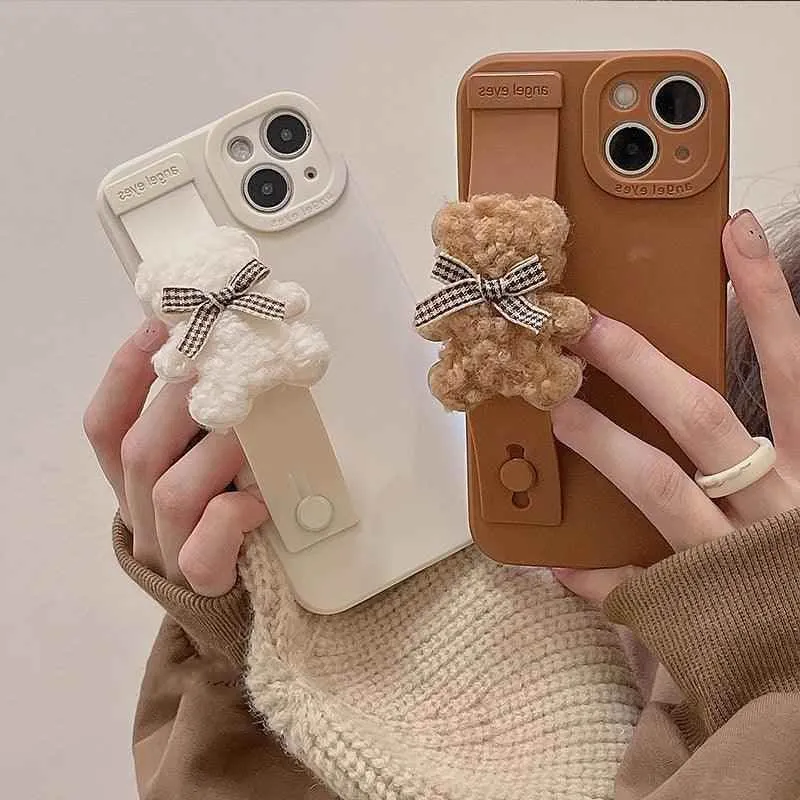 TSP11 Cute Phone Cases for iPhone 15, 14, 13, 12 Pro Max 11 MiNi  X XR XS 7 Plus SE - With 3D Cartoon Bear Wrist Strap