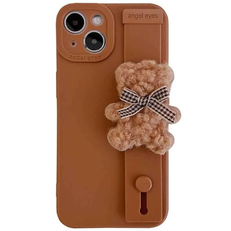 TSP11 Cute Phone Cases for iPhone 15, 14, 13, 12 Pro Max 11 MiNi  X XR XS 7 Plus SE - With 3D Cartoon Bear Wrist Strap