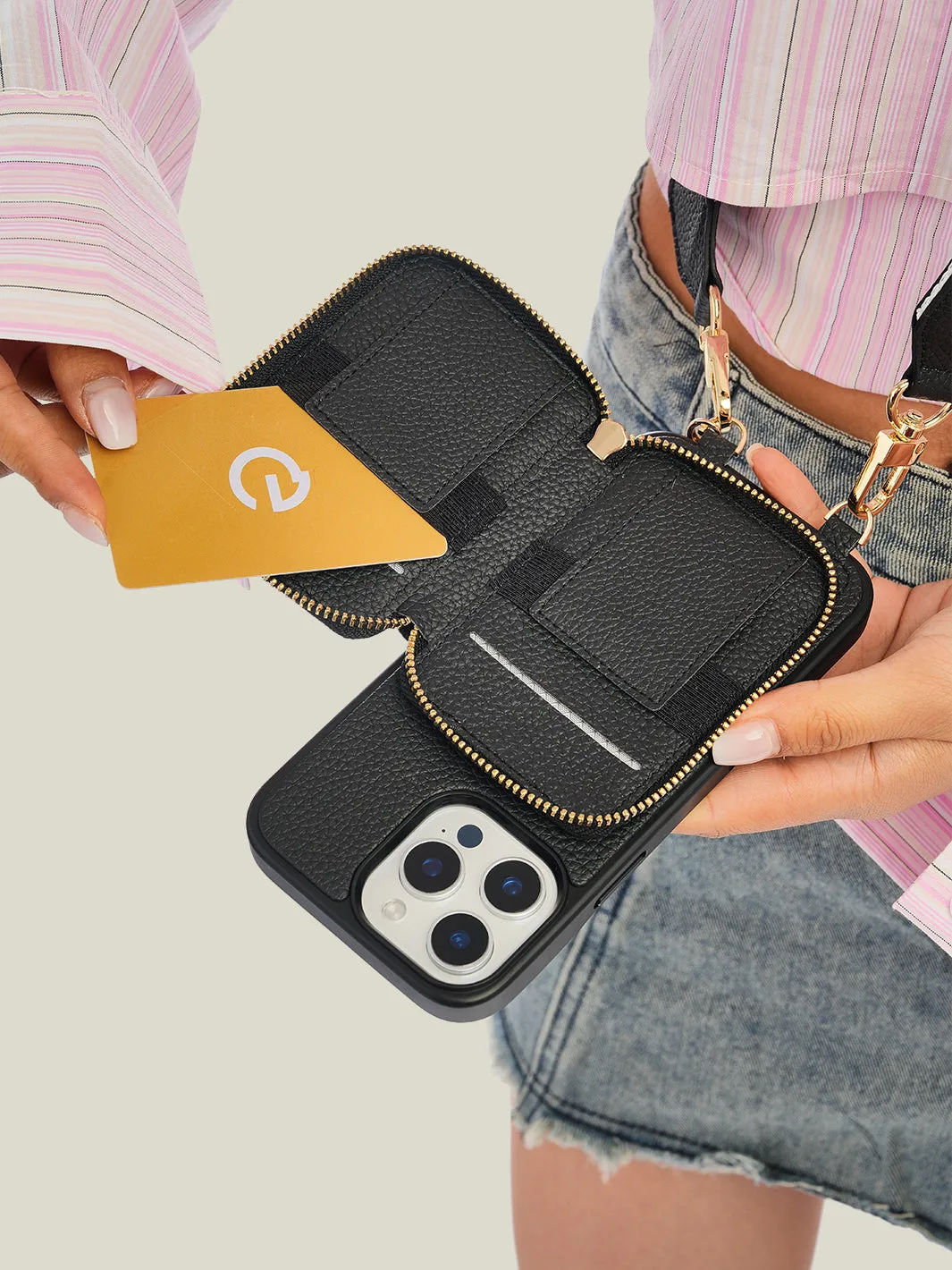 Unique Design Set- Bicolor Webbing Wireless Charging Crossbody Phone Case Round Pouch Set