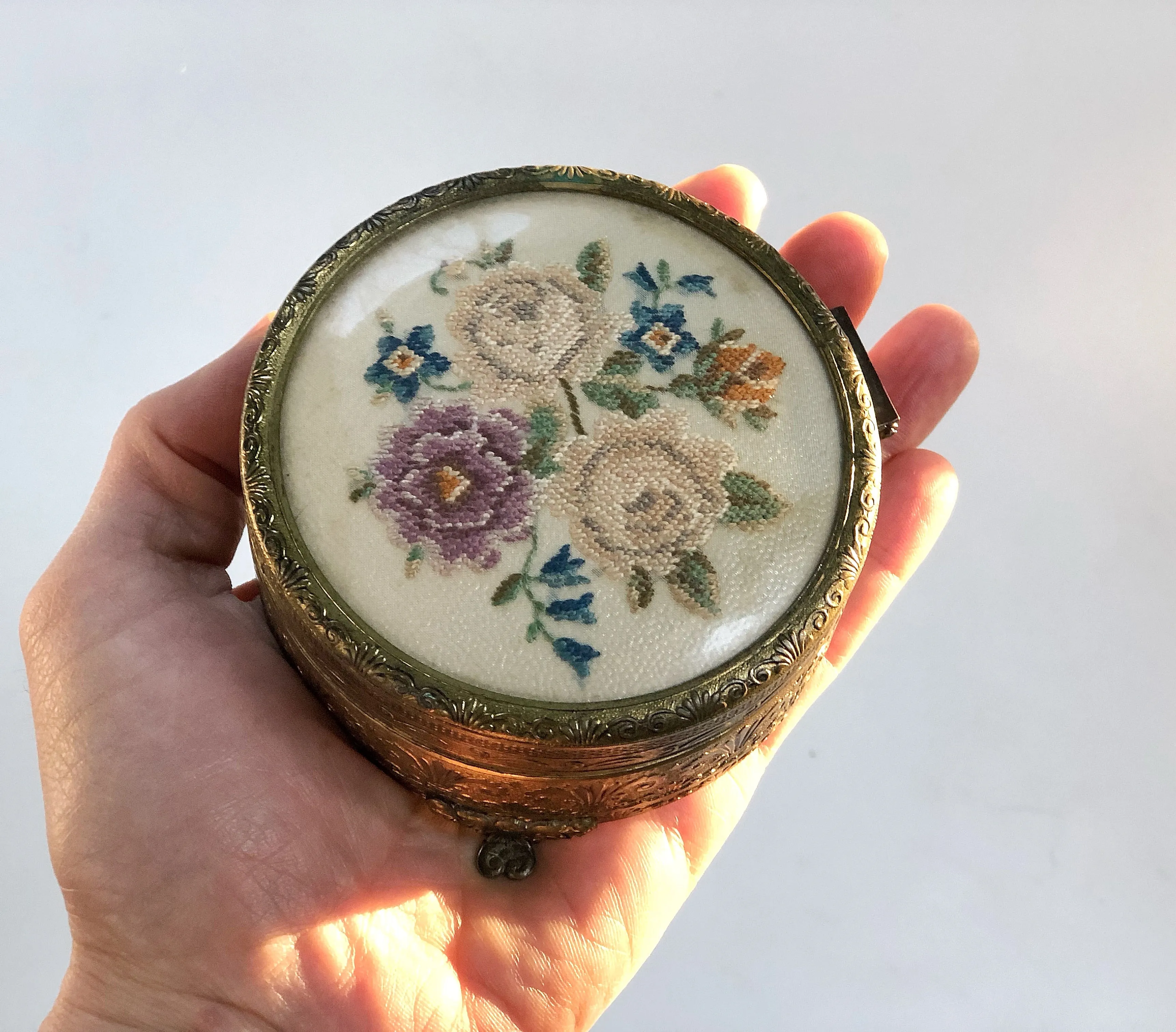 Vintage Floral Needlepoint Trinket