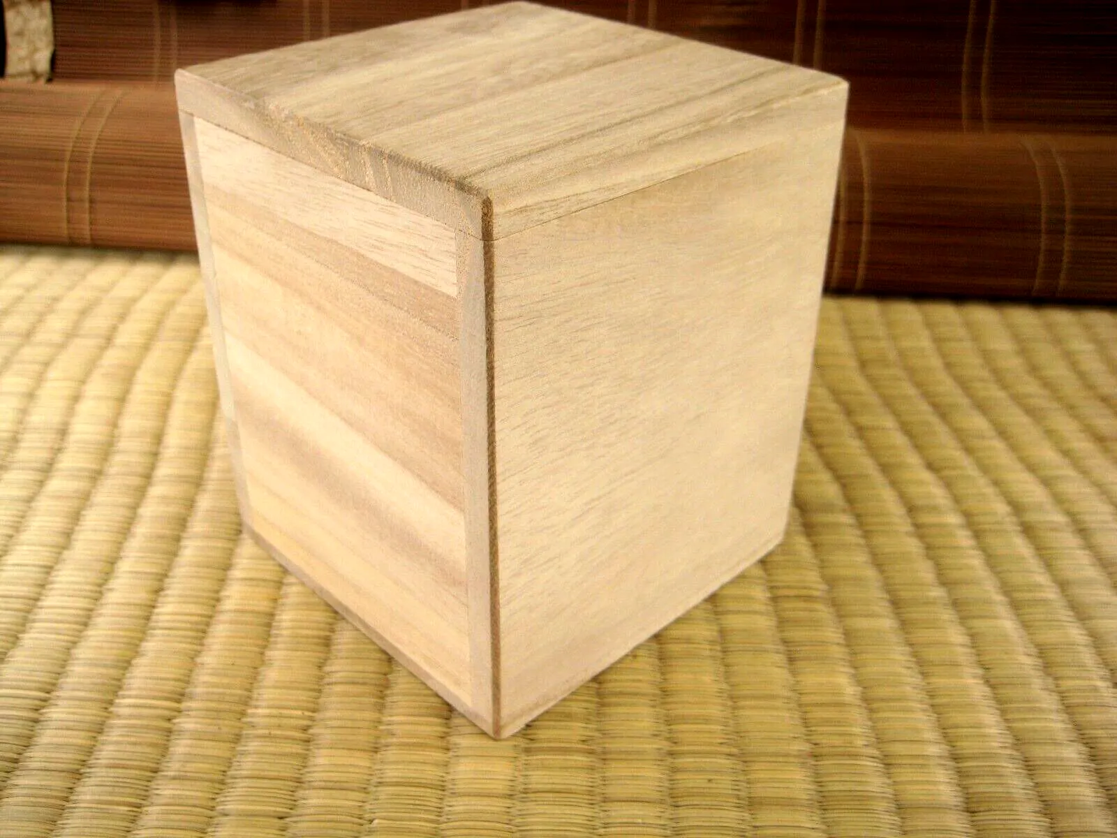 Vintage Japanese Lidded Kiri Wood Box W/ Calligraphy & Chop 5.5" Square