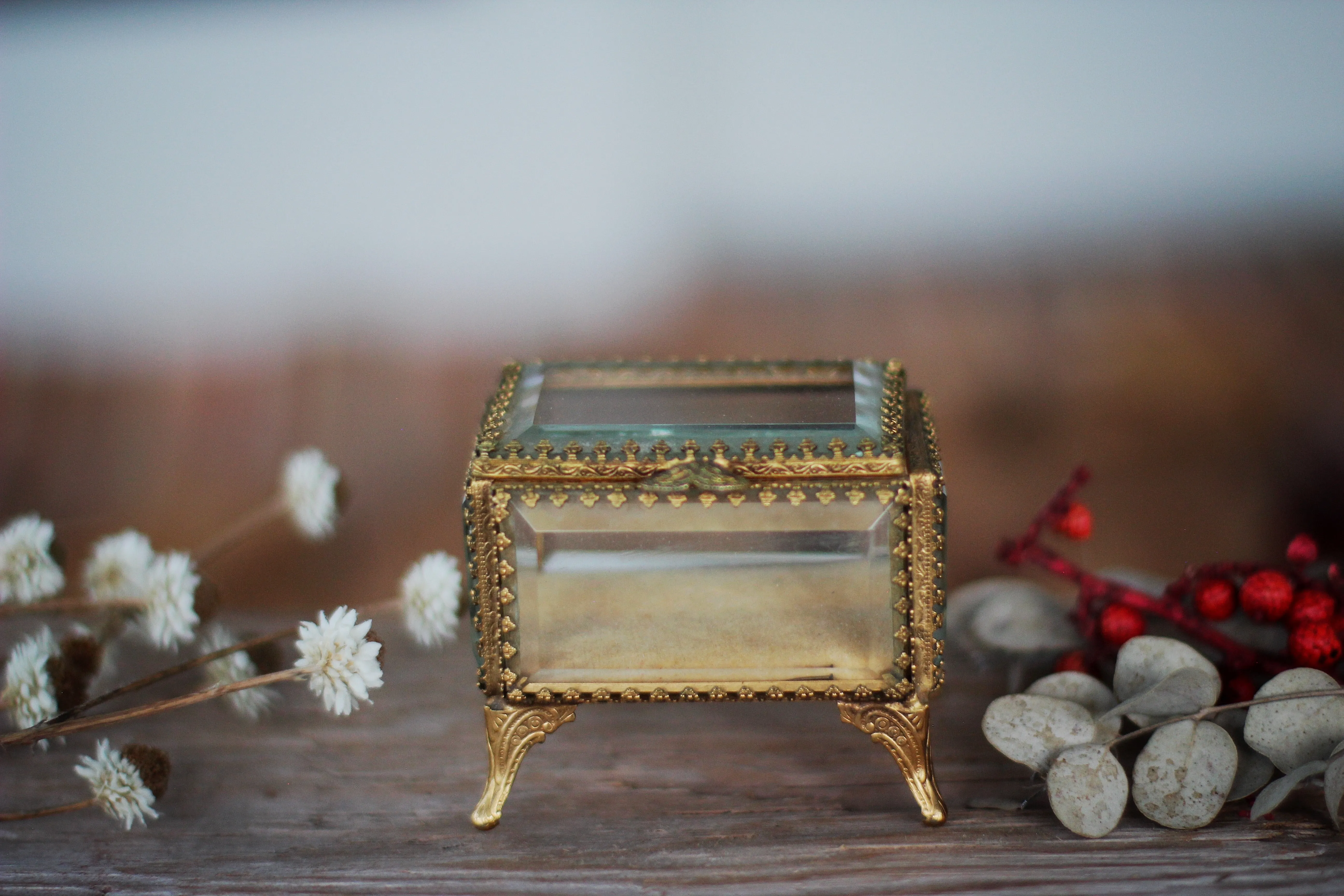 Vintage Small Ormolu Beveled Glass Jewelry Box