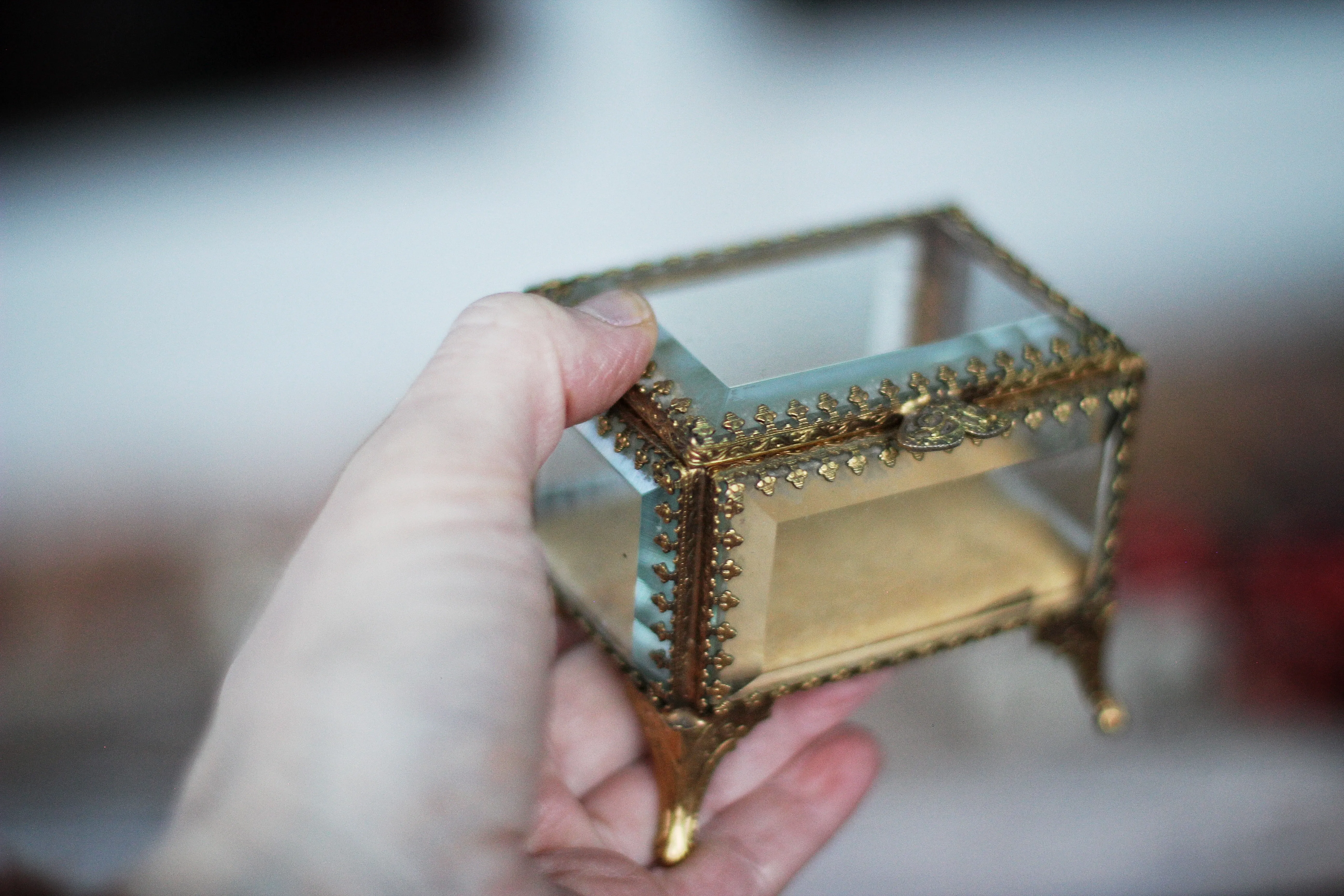 Vintage Small Ormolu Beveled Glass Jewelry Box