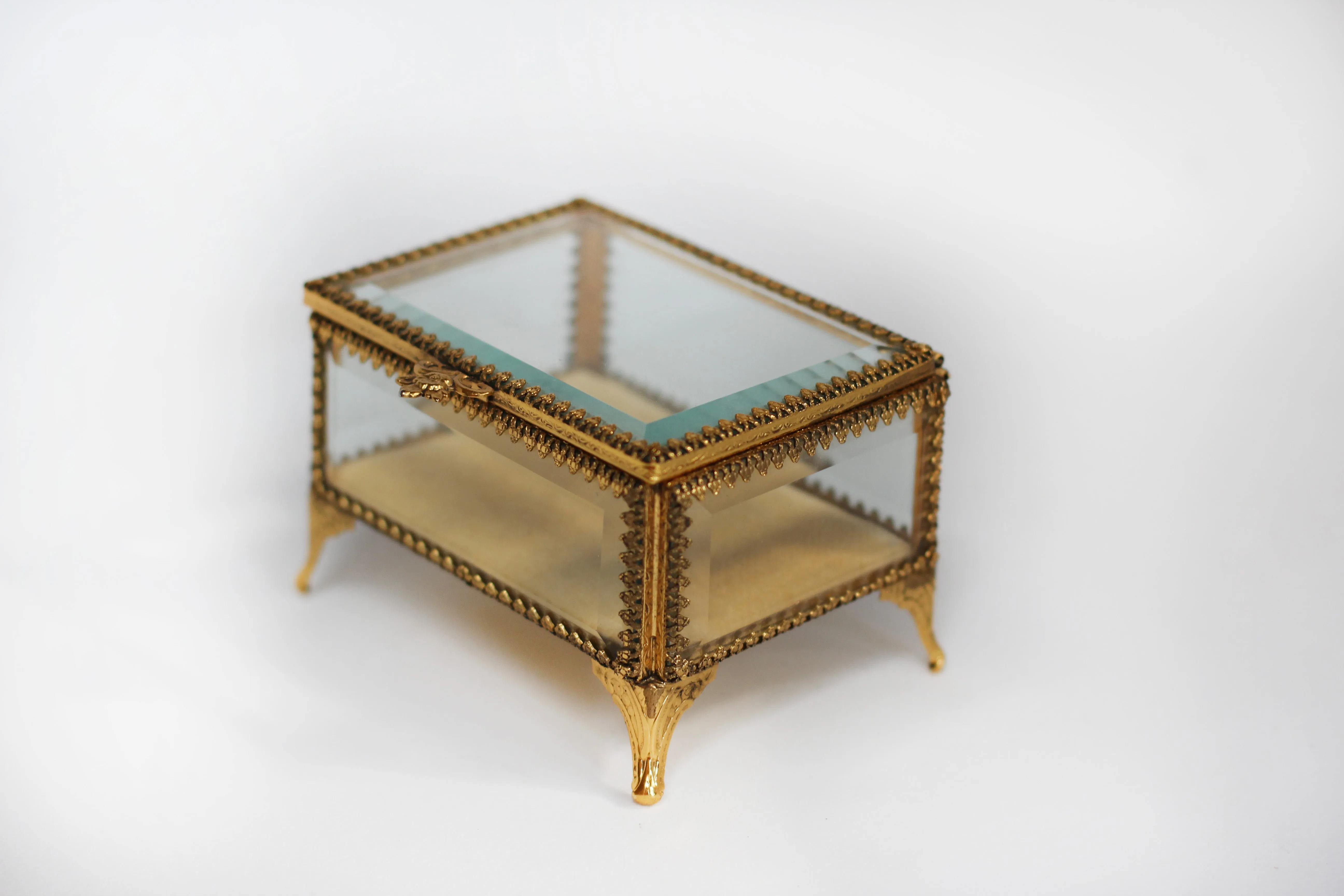 Vintage Small Ormolu Beveled Glass Jewelry Box