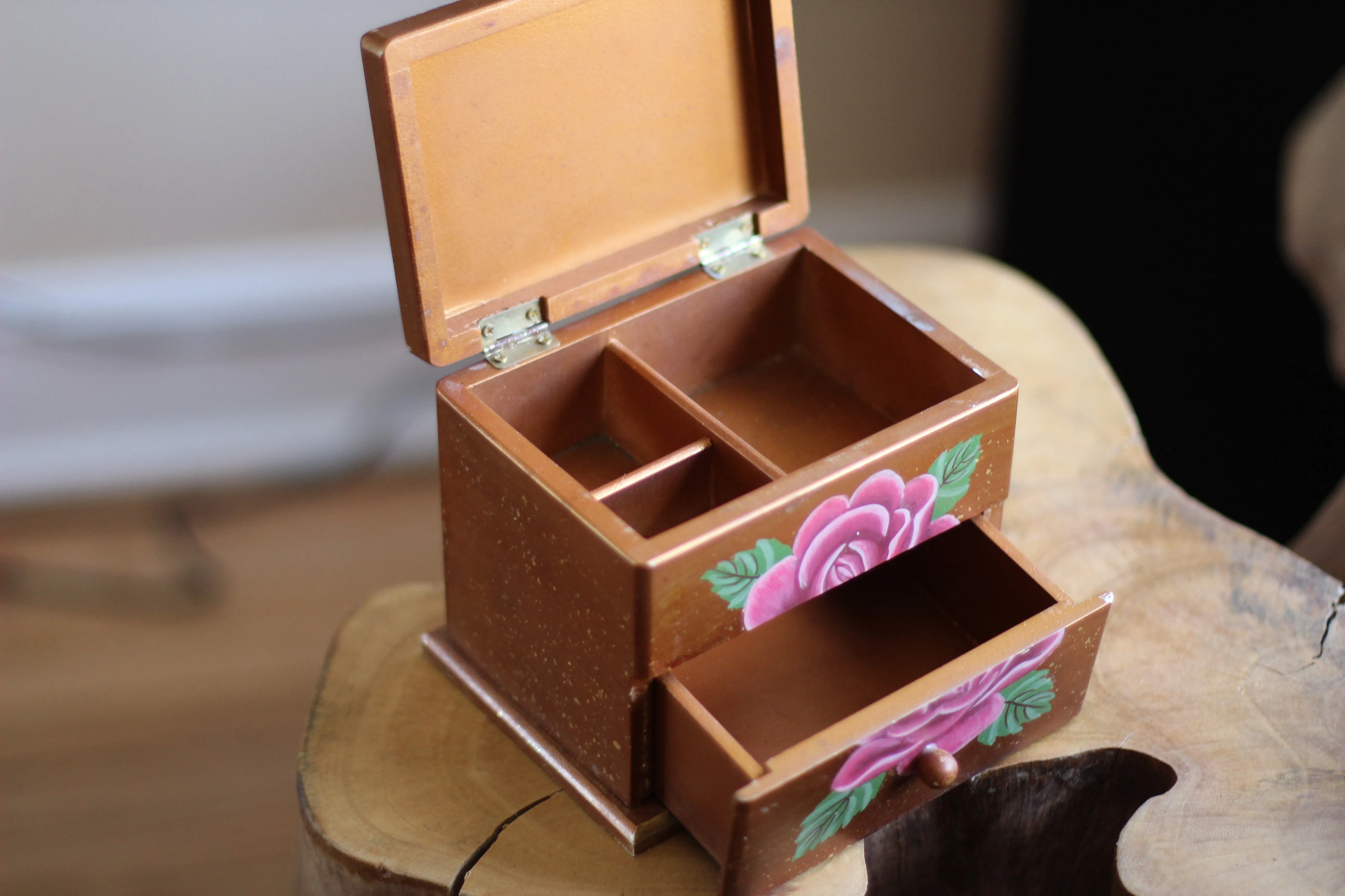 Vintage Wood Hand Painted Rose Floral Jewelry Box