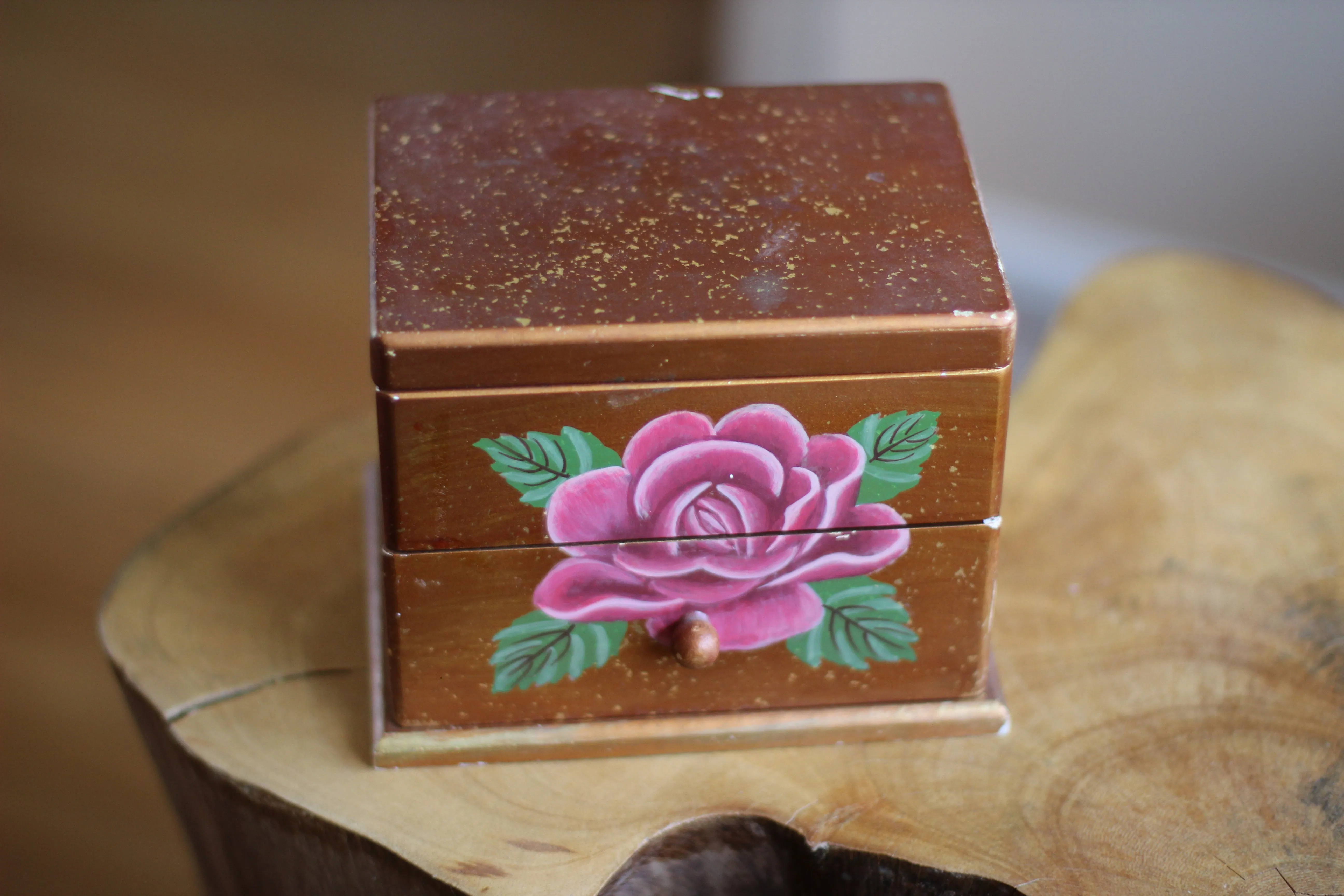 Vintage Wood Hand Painted Rose Floral Jewelry Box