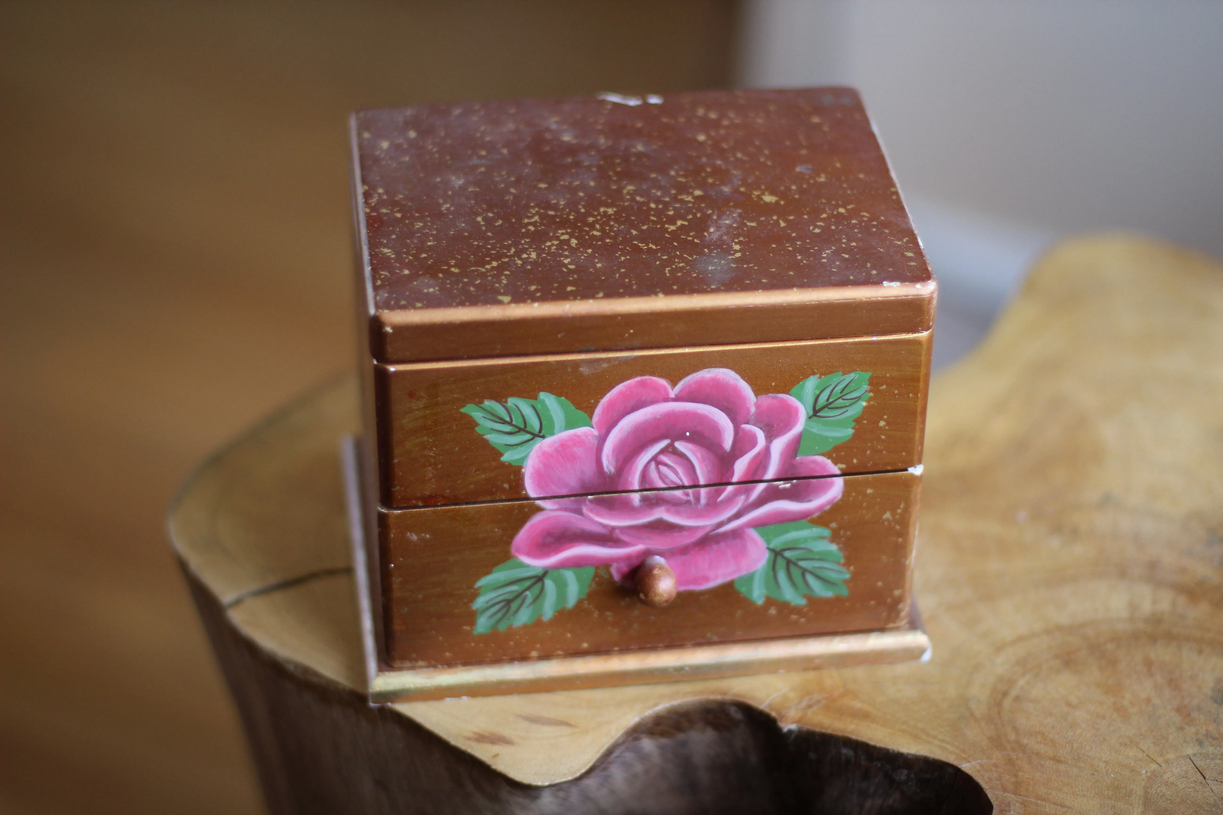 Vintage Wood Hand Painted Rose Floral Jewelry Box