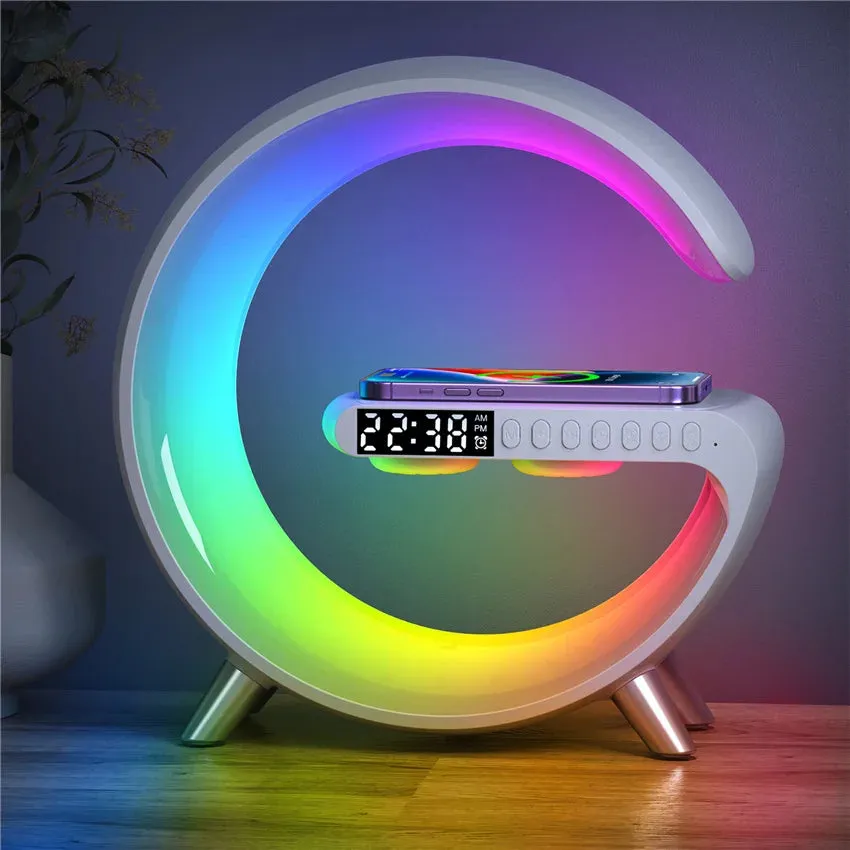 Wireless Charger Stand Alarm Clock Bluetooth Speaker LED Lamp RGB Night Light Fast Charging Station for iPhone Samsung Xiaomi